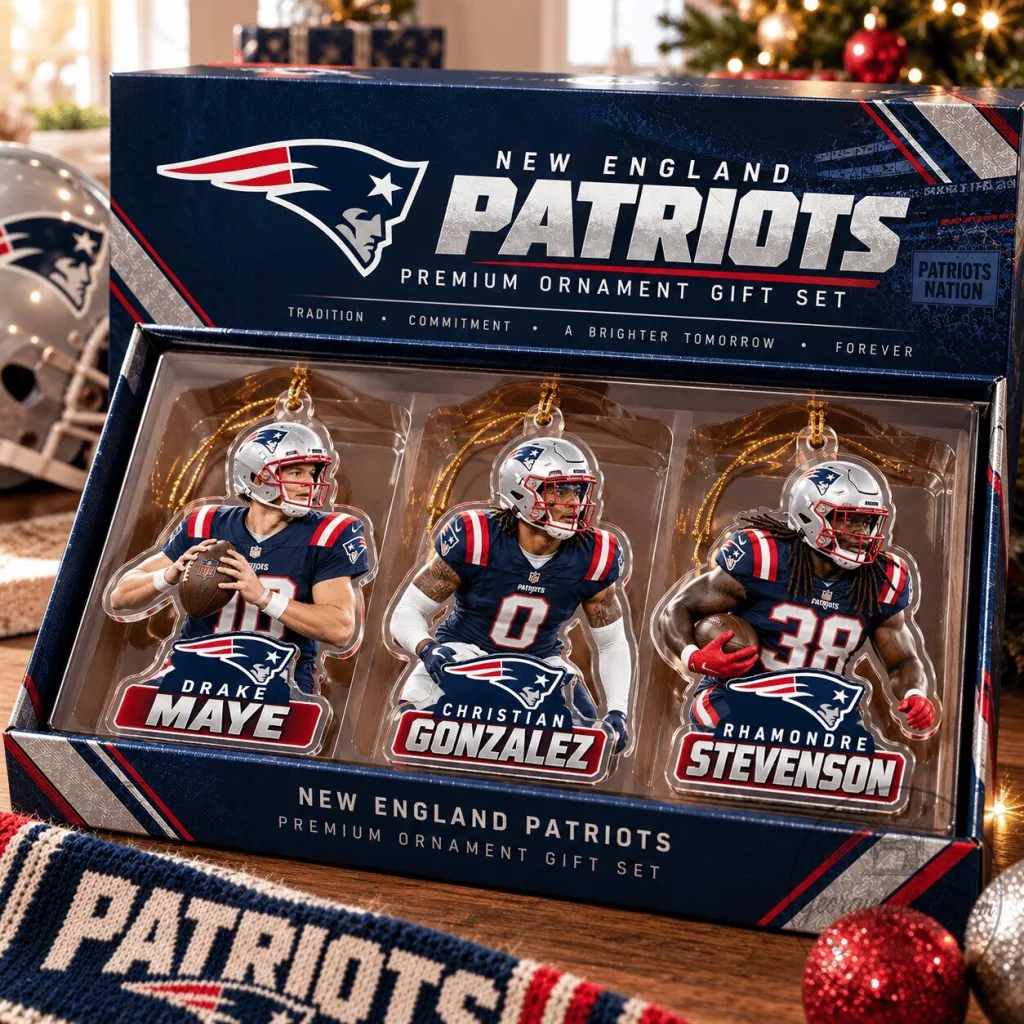 New England Patriots Drake Maye Christian Gonzalez Rhamondre Stevenson Ornament Set New England Patriots Drake Maye Christian Gonzalez Rhamondre Stevenson Ornament Set