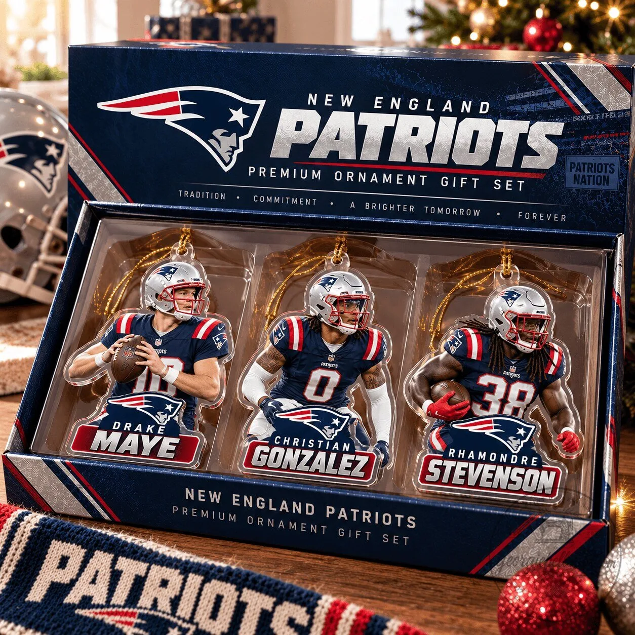 New England Patriots Drake Maye Christian Gonzalez Rhamondre Stevenson Ornament Set 1 New England Patriots Drake Maye Christian Gonzalez Rhamondre Stevenson Ornament Set