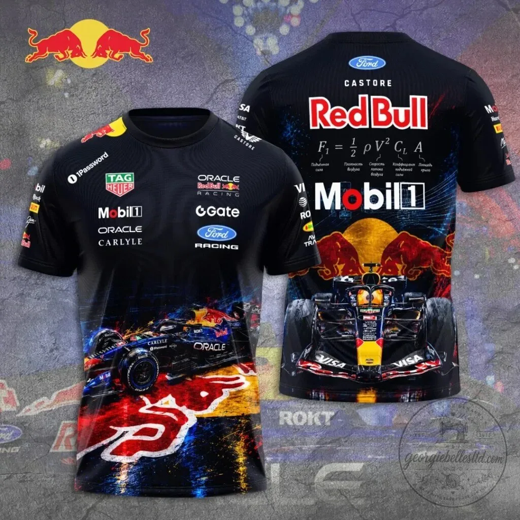 Red Bull Racing Formula 1 Team Car Graphic Black Crewneck T-Shirt 1 Red Bull Racing Formula 1 Team Car Graphic Black Crewneck T-Shirt