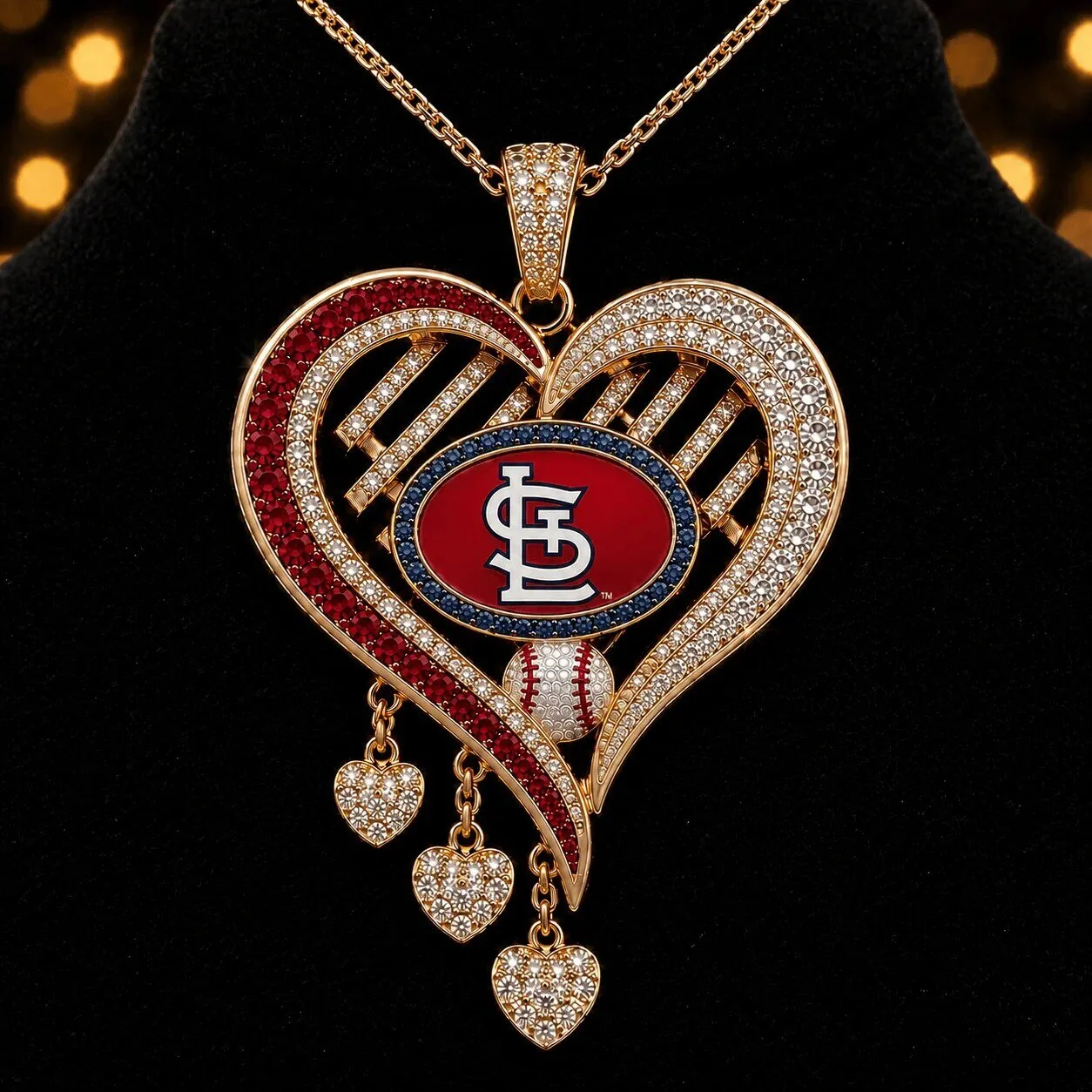 St Louis Cardinals Baseball Team Heart Pendant Necklace with Diamonds