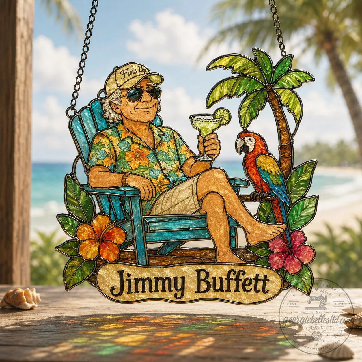 Jimmy Buffett Margaritaville Fins Up Stained Glass Window Hanging Suncatcher 1 Jimmy Buffett Margaritaville Fins Up Stained Glass Window Hanging Suncatcher