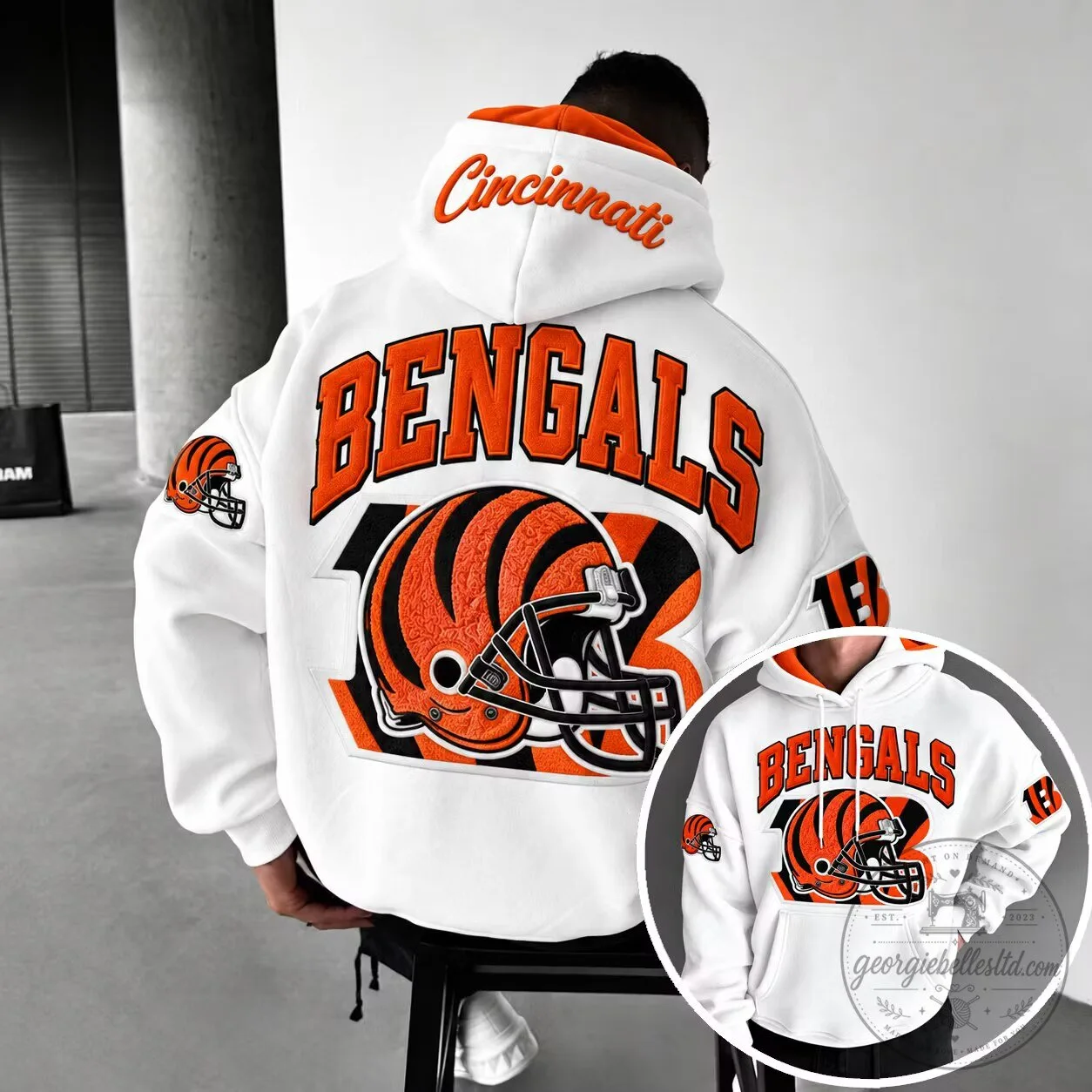 Cincinnati Bengals Football Team Helmet Logo White Hoodie