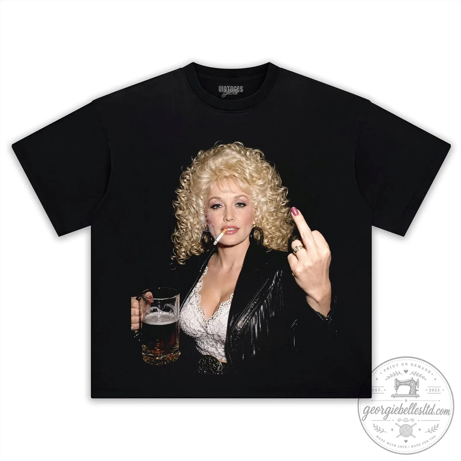 Dolly Parton Smoking Middle Finger Black T-Shirt
