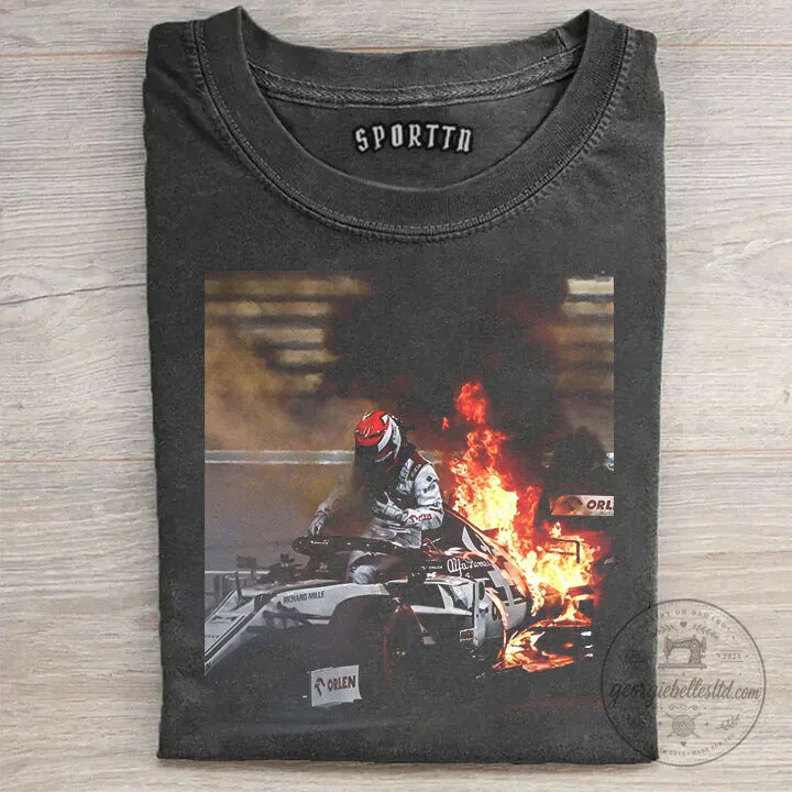 Kimi Räikkönen Formula 1 Racing Car Fire Crash Graphic T-Shirt 1 Kimi Räikkönen Formula 1 Racing Car Fire Crash Graphic T-Shirt