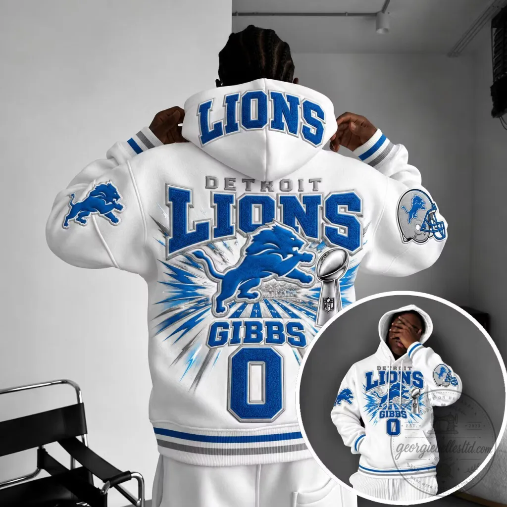 Detroit Lions Football Team Gibbs Number Zero White Hoodie Detroit Lions Football Team Gibbs Number Zero White Hoodie