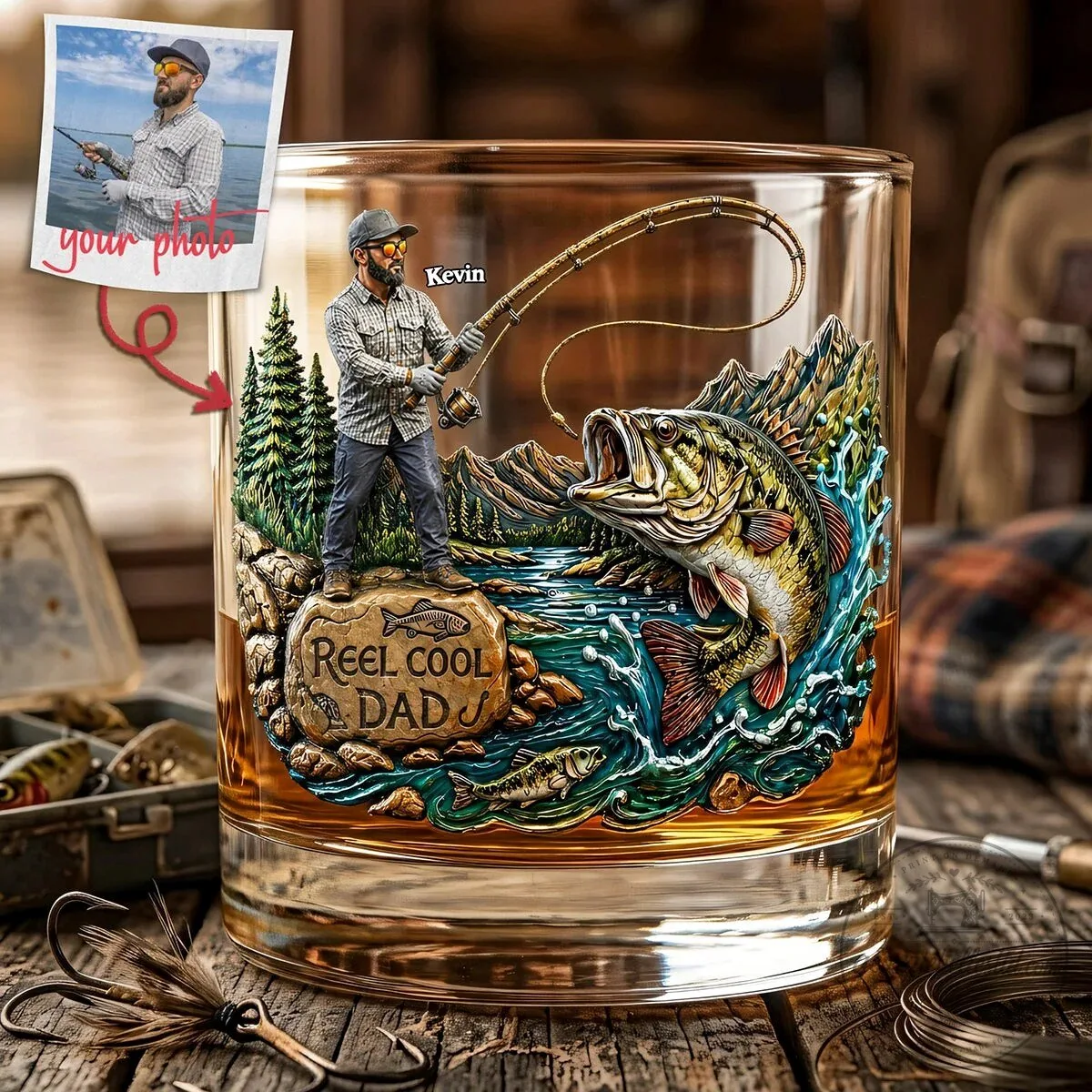 Personalized Fishing Dad Whiskey Glass, Reel Cool Dad Custom Photo Drinking Glass