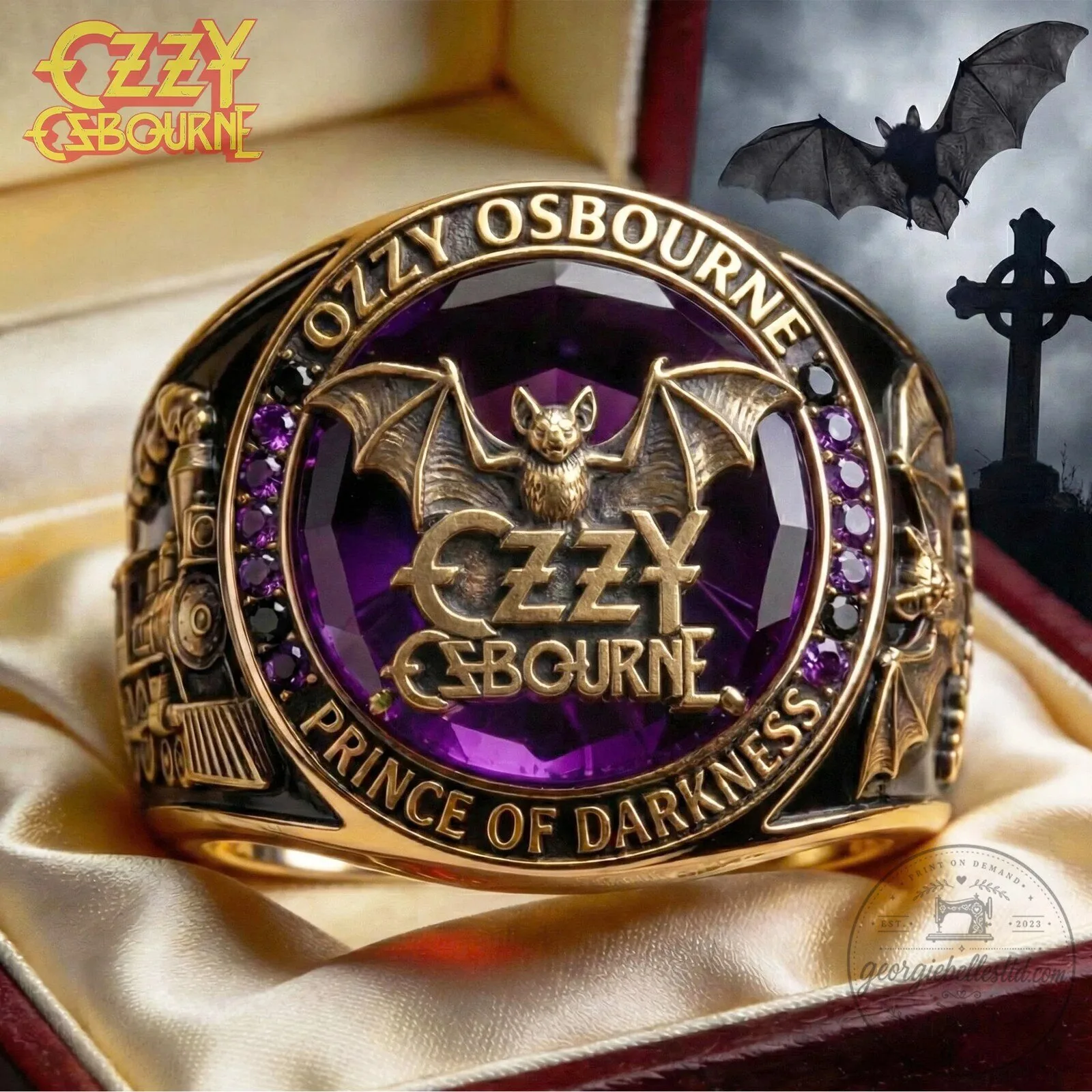 Ozzy Osbourne Prince of Darkness Bat Emblem Gold Tone Ring
