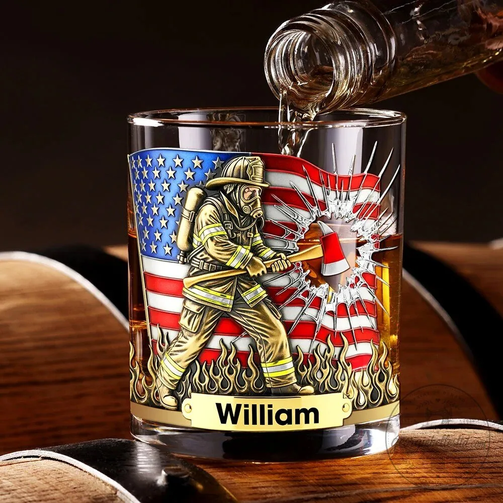 Personalized Firefighter American Flag Whiskey Glass Gift for Firemen and Women