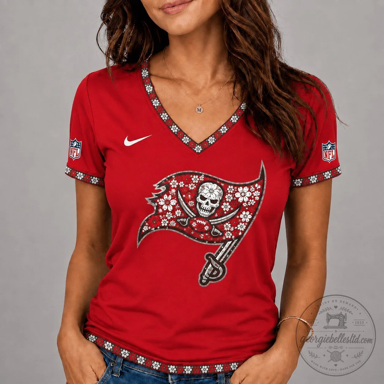 Tampa Bay Buccaneers Floral Skull Logo V-Neck Short Sleeve T-Shirt for Women