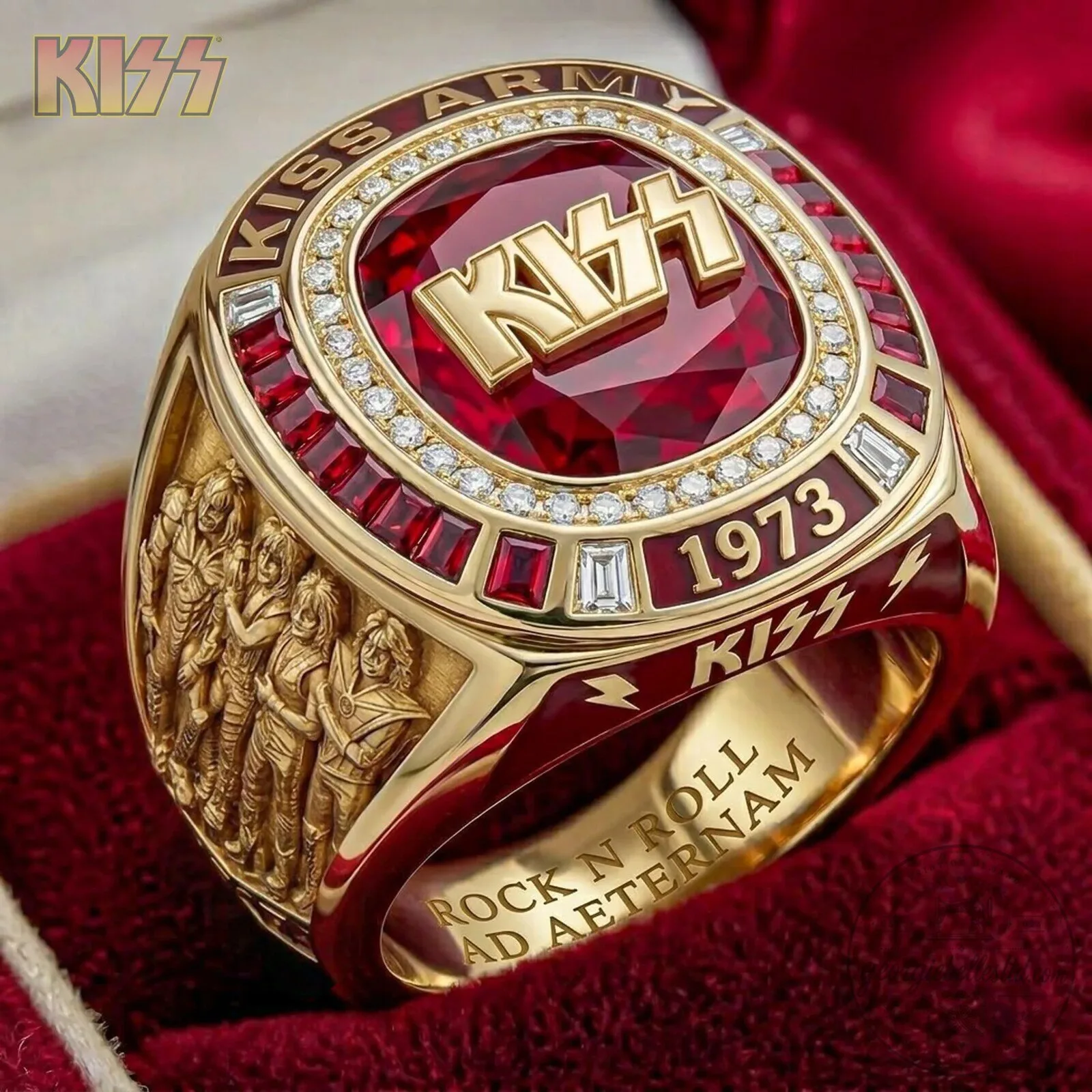 KISS Rock and Roll Band Gold Plated Ruby Gemstone Ring