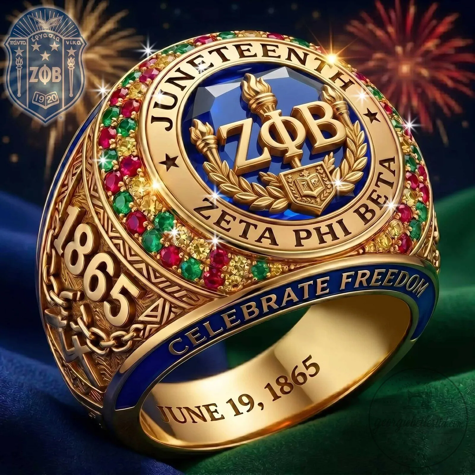 Zeta Phi Beta Juneteenth Celebrate Freedom 1865 Gold Plated Ring