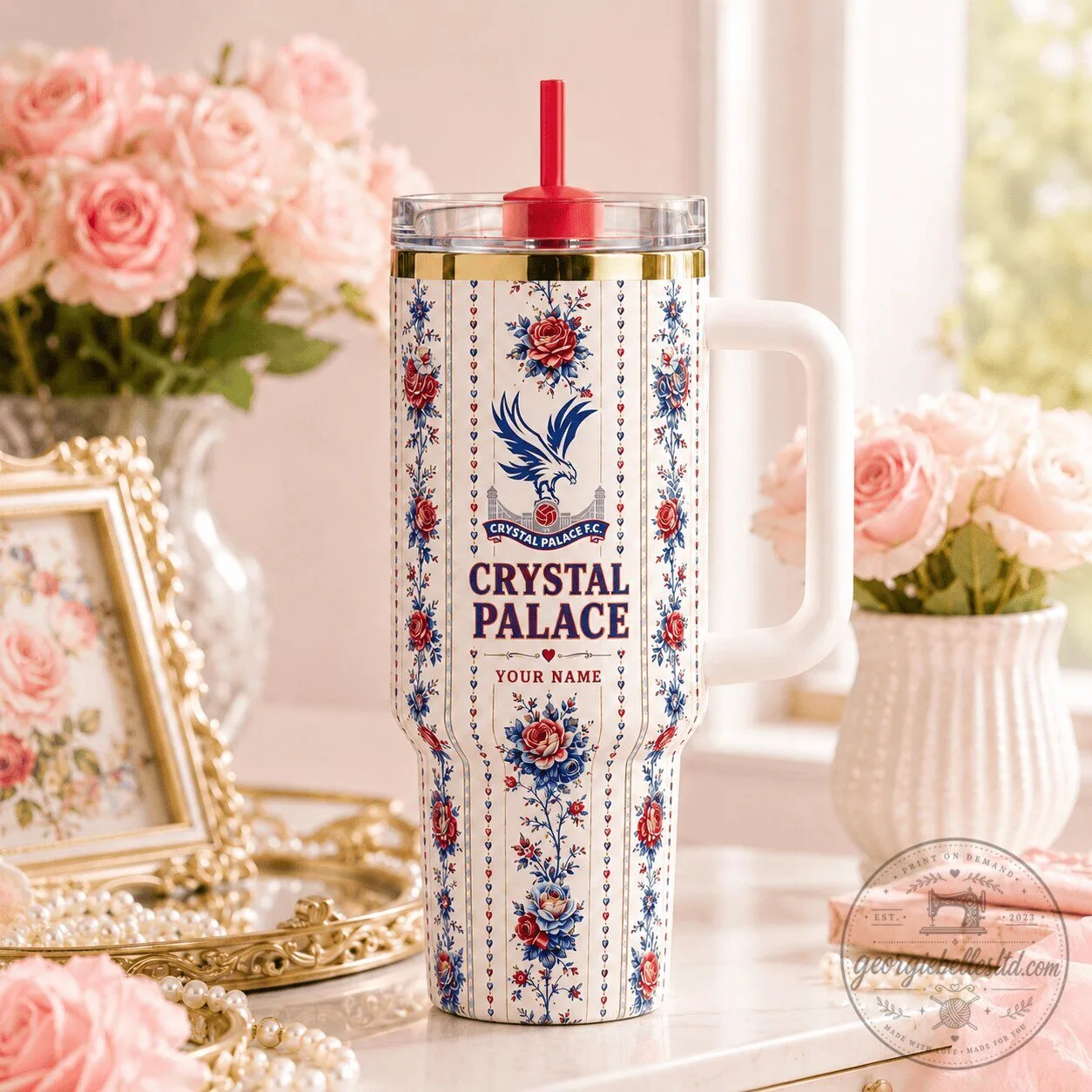 Crystal Palace Football Club Floral Pattern Personalized Handle Tumbler with Straw