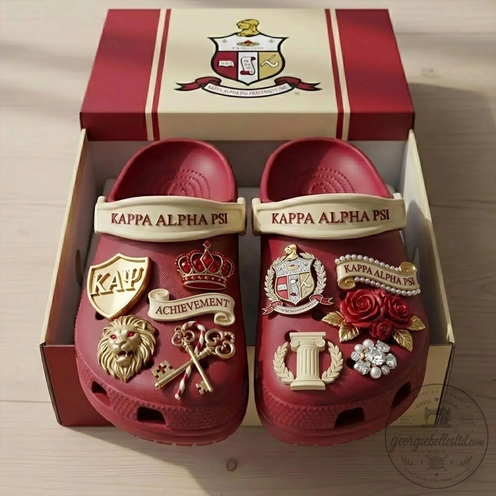 Kappa Alpha Psi Fraternity Red Clog Shoes with Decorative Charms