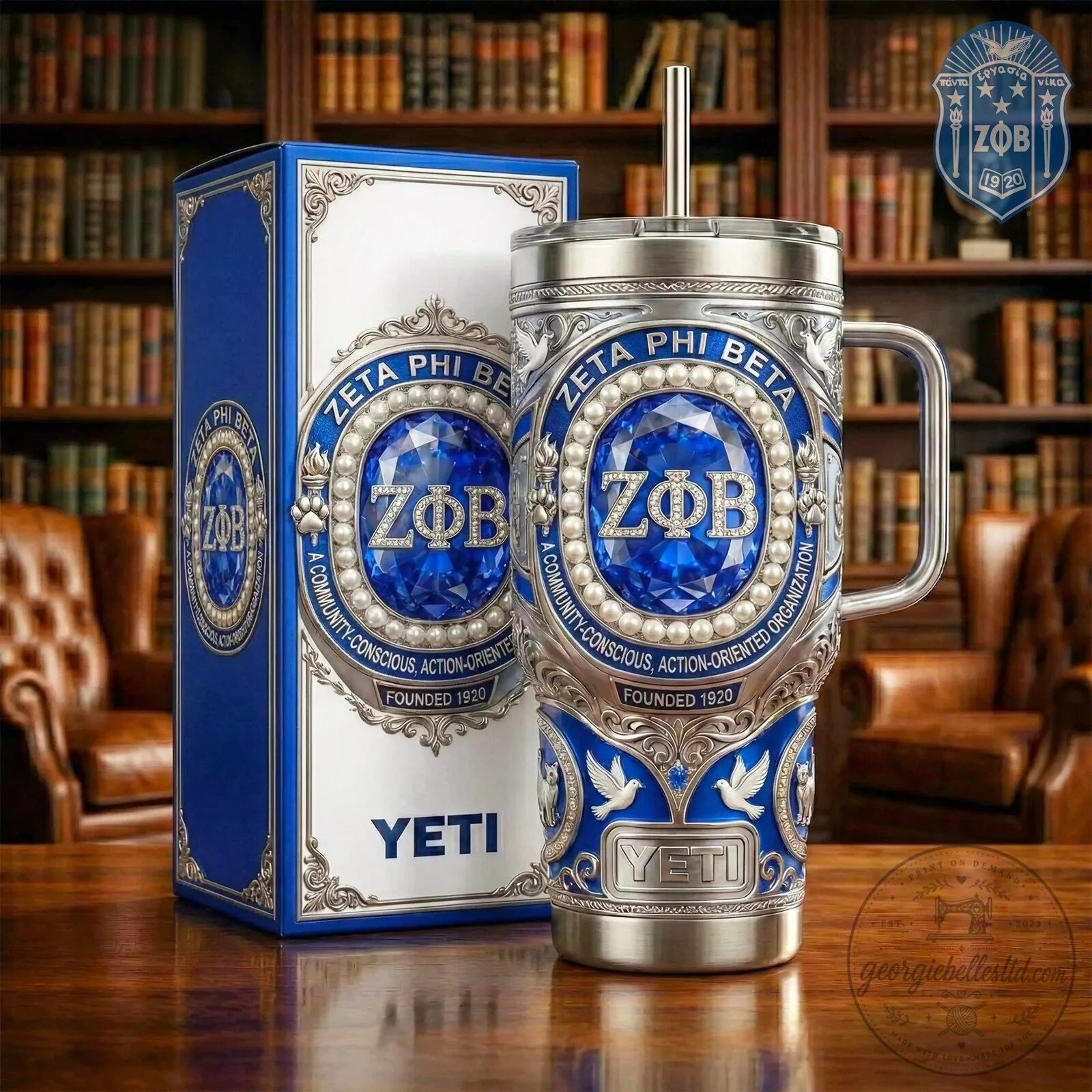 Zeta Phi Beta Sorority Blue Pearl Stainless Steel Yeti Tumbler with Handle
