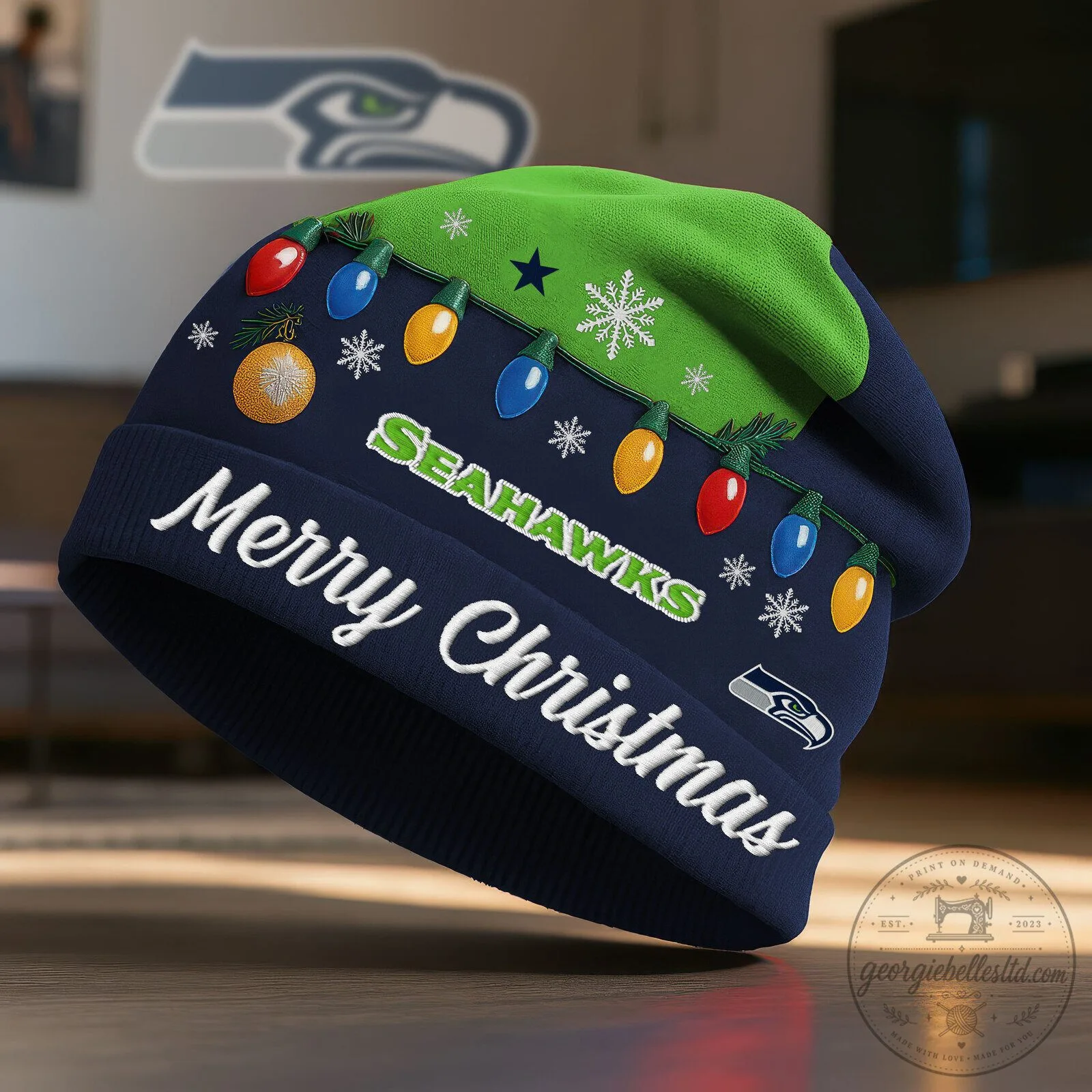 Seattle Seahawks Merry Christmas Beanie Hat with Holiday Lights Design