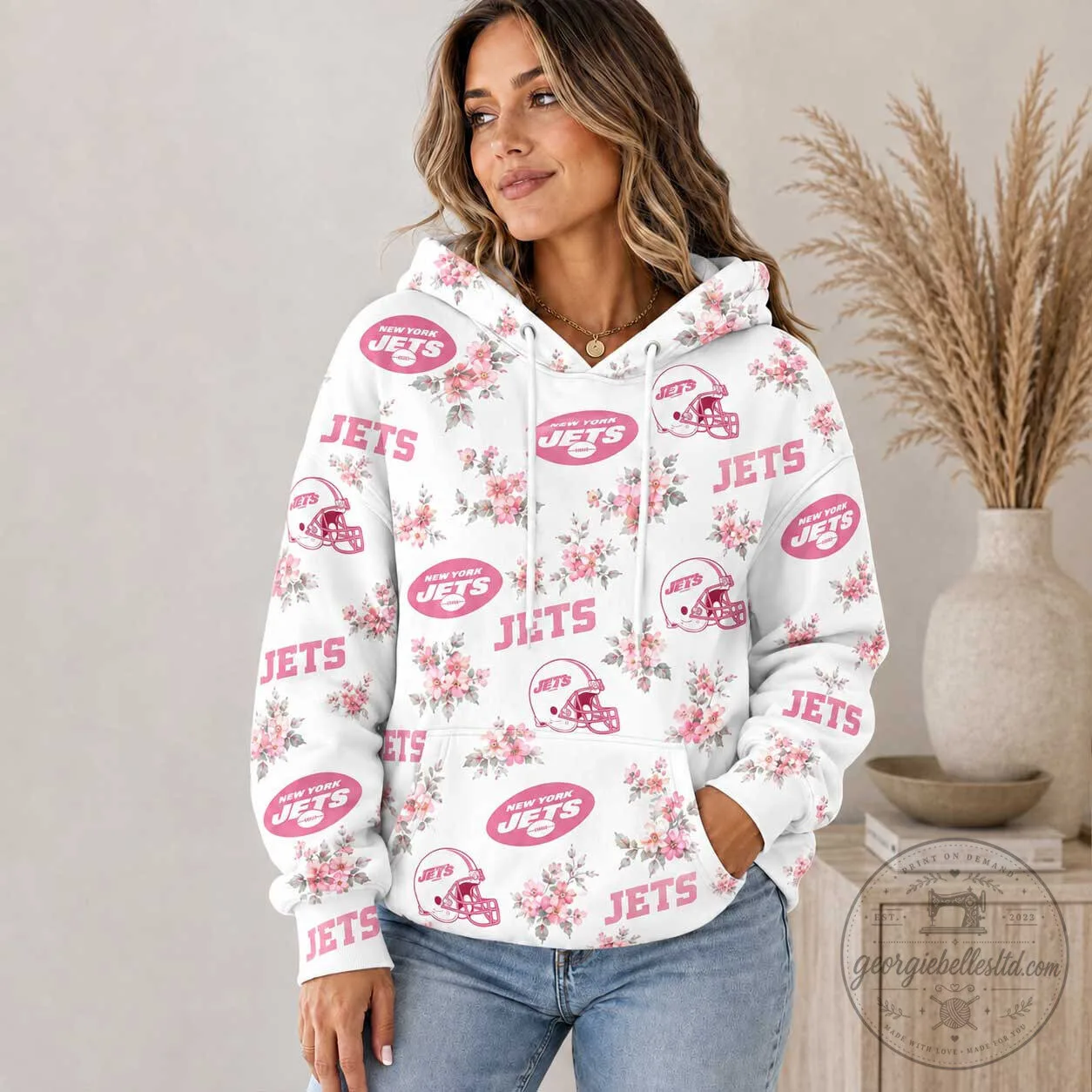 New York Jets Floral Pink Football Team Logo Women's Pullover Hoodie 1 New York Jets Floral Pink Football Team Logo Women