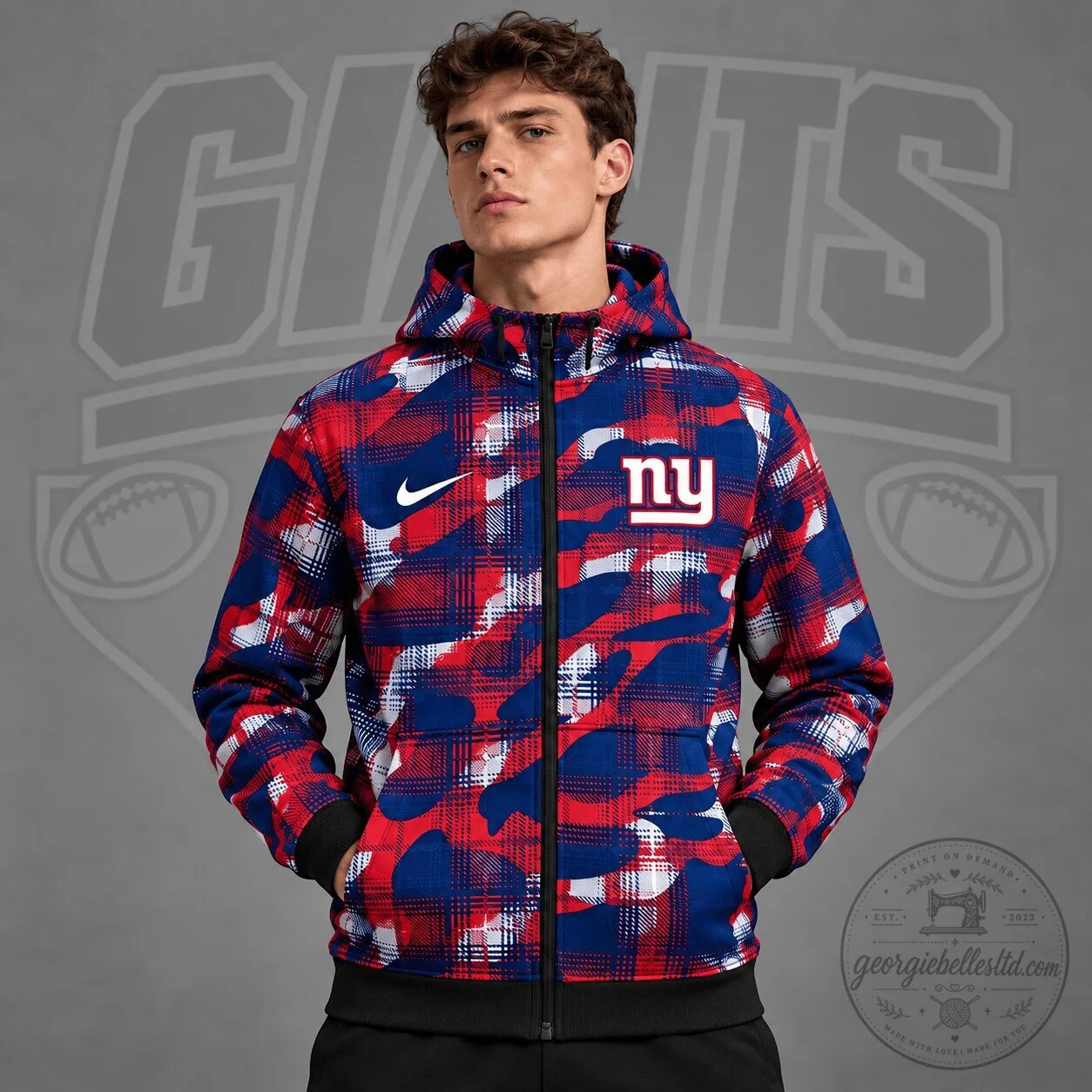 New York Giants NFL Team Crest Plaid Camouflage Full Zip Hooded Jacket