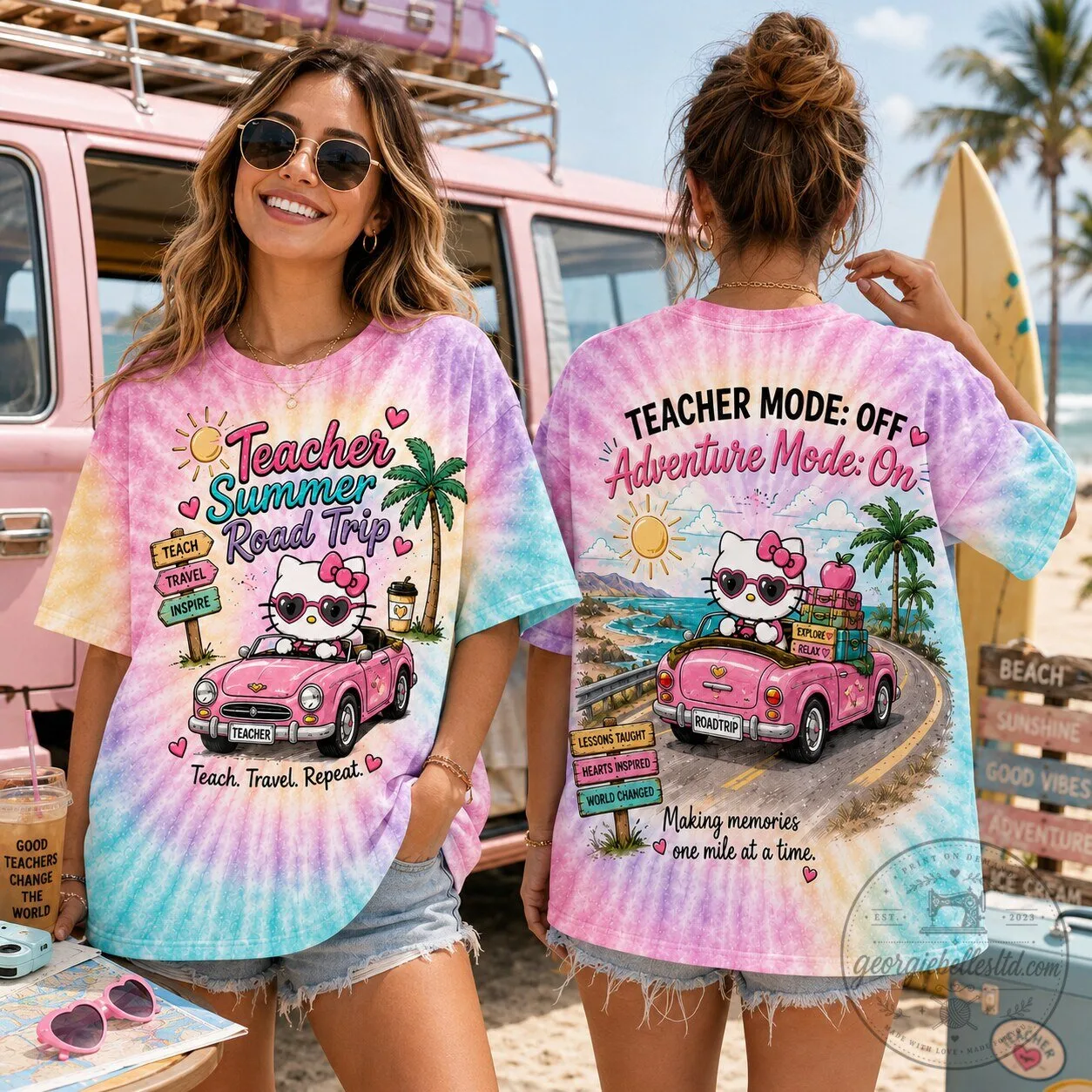 Hello Kitty Teacher Summer Road Trip Tie Dye T-Shirt