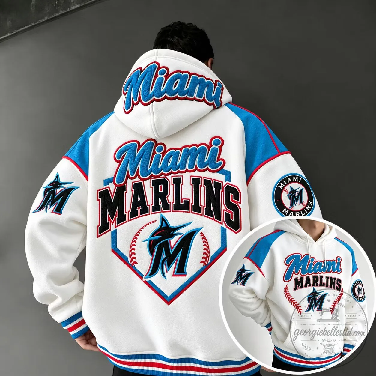 Miami Marlins Baseball Team Logo White and Blue Hoodie for Men