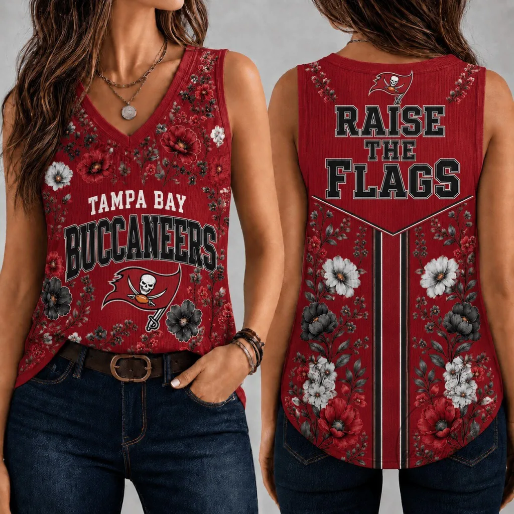 Women's V-Neck Tank Top - Vintage Floral Design for Game Day, Tampa Bay Buccaneers Women's V-Neck Tank Top - Vintage Floral Design for Game Day, Tampa Bay Buccaneers