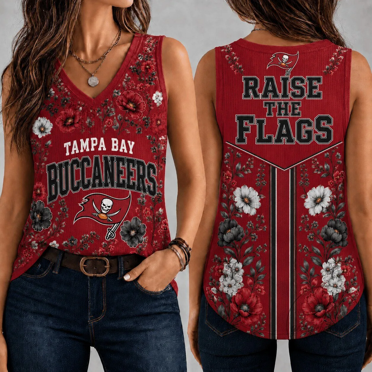 Women's V-Neck Tank Top - Vintage Floral Design for Game Day, Tampa Bay Buccaneers