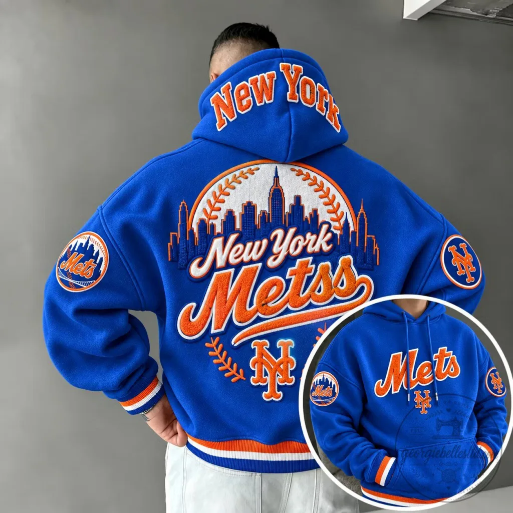 New York Mets Baseball Team Skyline Logo Blue Embroidered Hoodie New York Mets Baseball Team Skyline Logo Blue Embroidered Hoodie