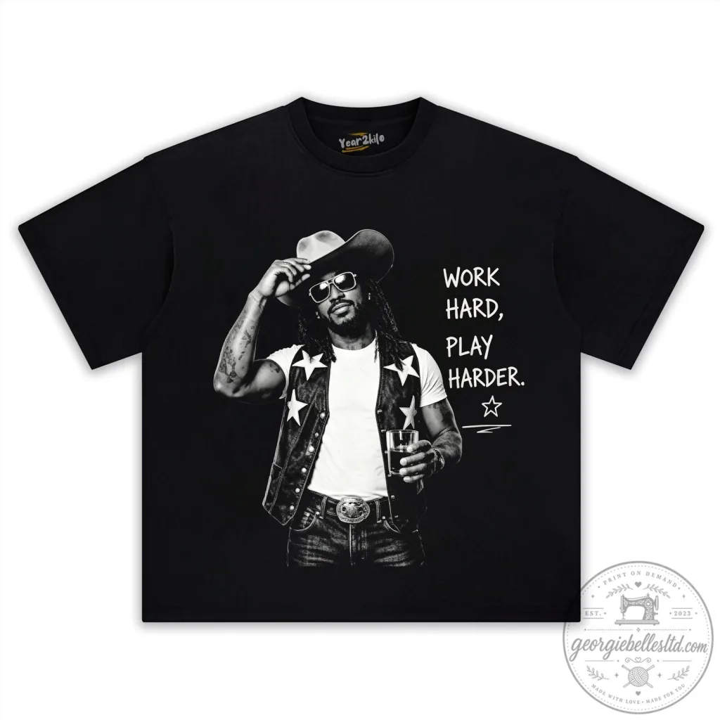 Shaboozey Country Music Tee with Work Hard Play Harder Quote Shaboozey Country Music Tee with Work Hard Play Harder Quote
