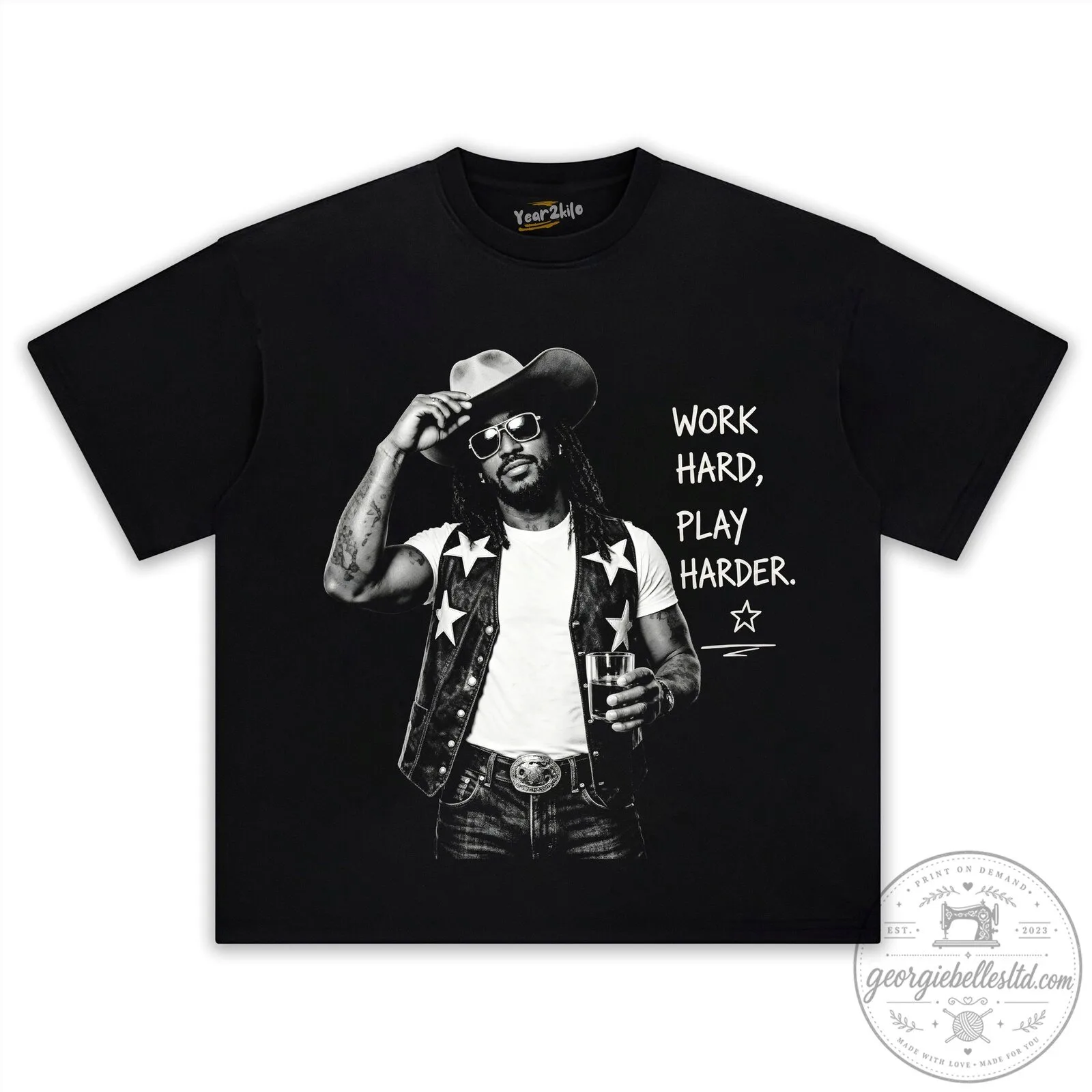 Shaboozey Country Music Tee with Work Hard Play Harder Quote 7 Shaboozey Country Music Tee with Work Hard Play Harder Quote