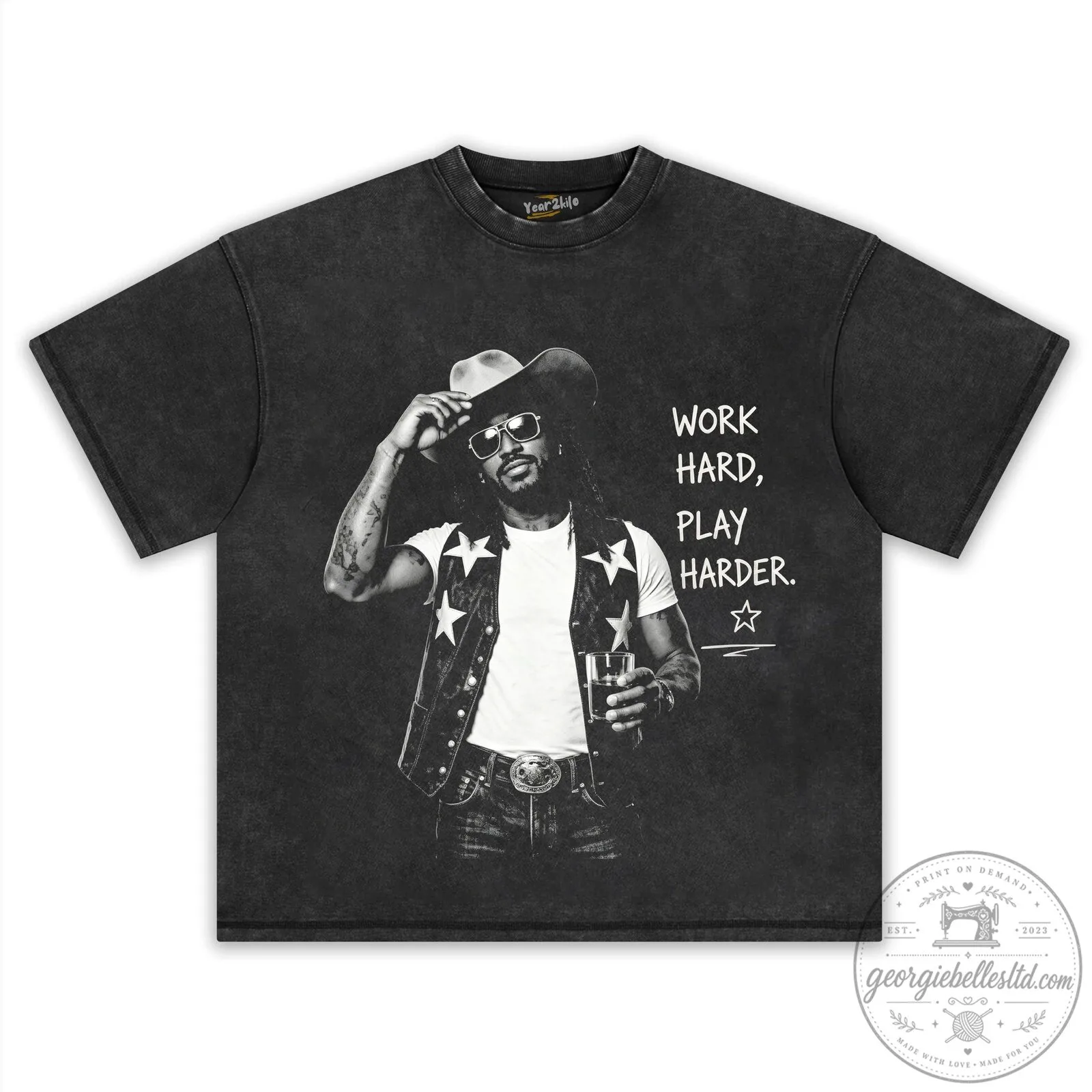 Shaboozey Country Music Tee with Work Hard Play Harder Quote 8 Shaboozey Country Music Tee with Work Hard Play Harder Quote