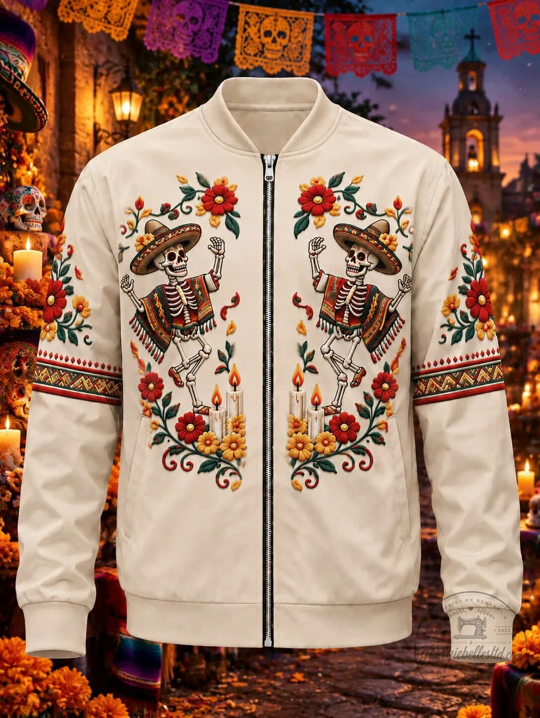 Day of the Dead Skeleton Fiesta Floral Print Zip-Up Bomber Jacket