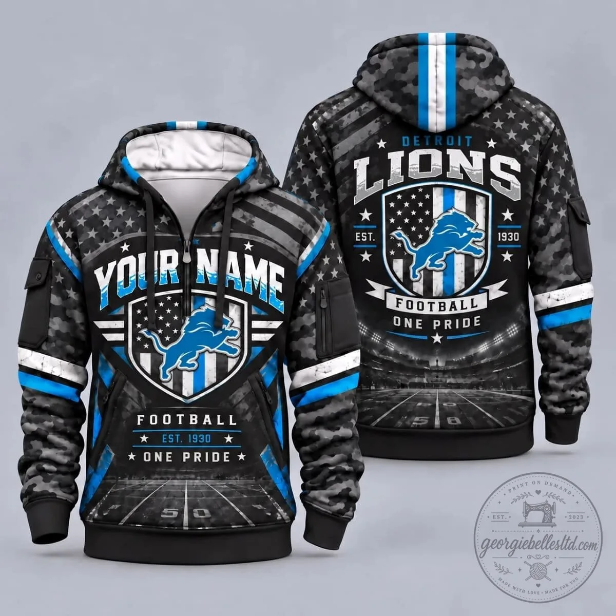 Detroit Lions Fan Personalized American Shield Camouflage Full-Zip Hoodie