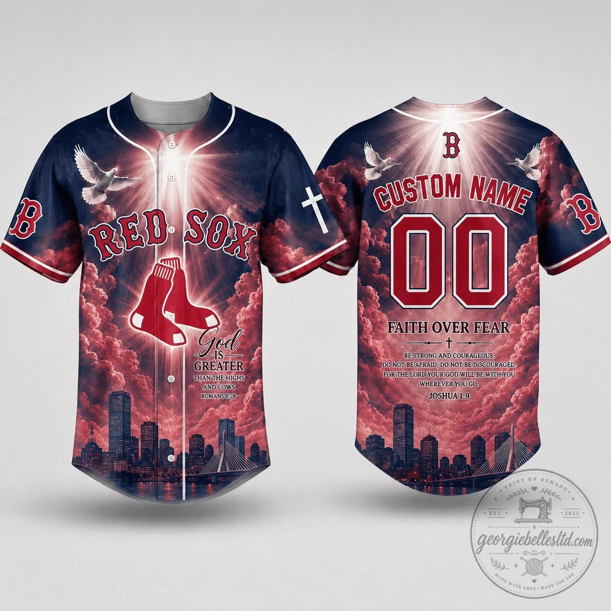 Boston Red Sox Baseball Jersey with Faith Over Fear Design