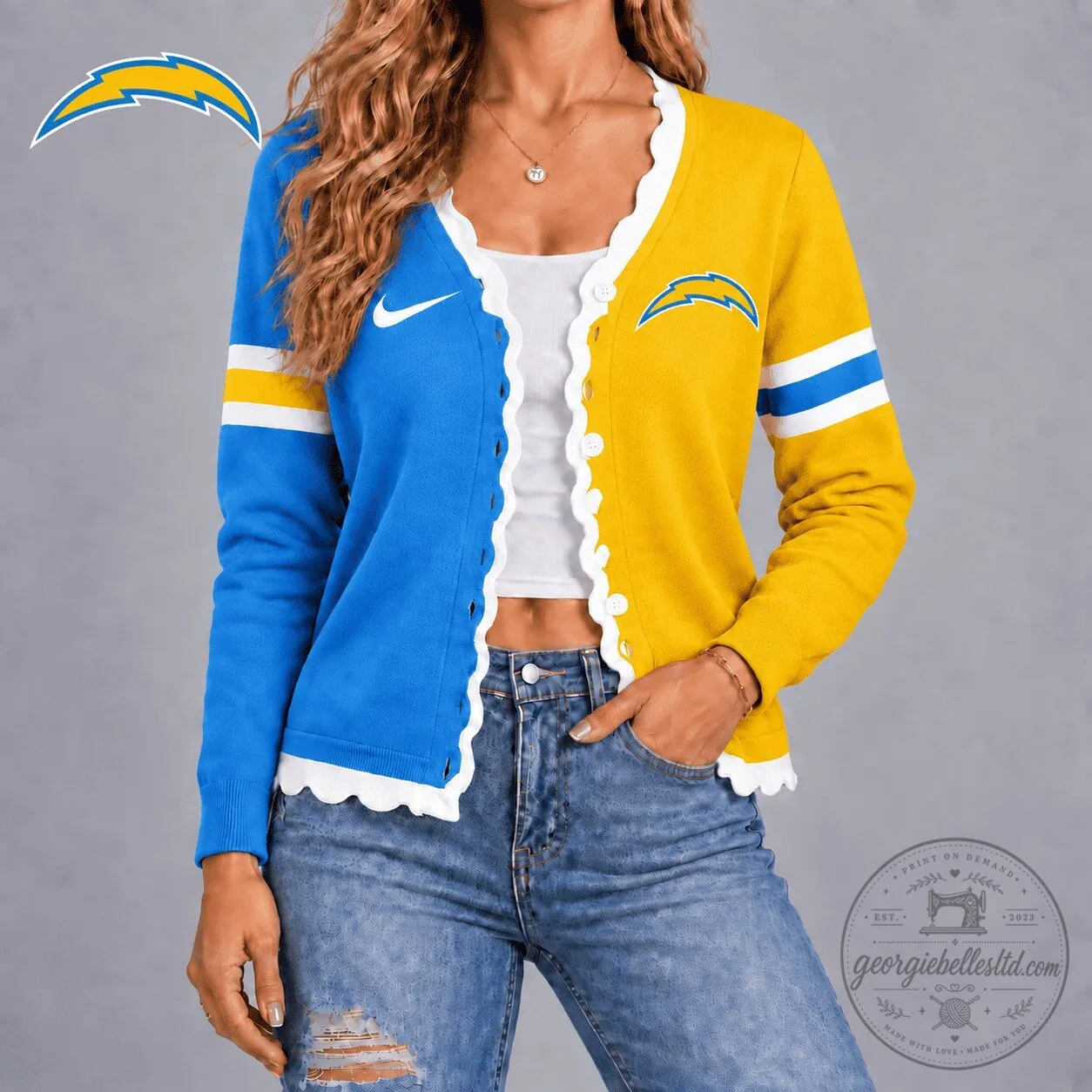Los Angeles Chargers Varsity Stripe Button Cardigan for Women