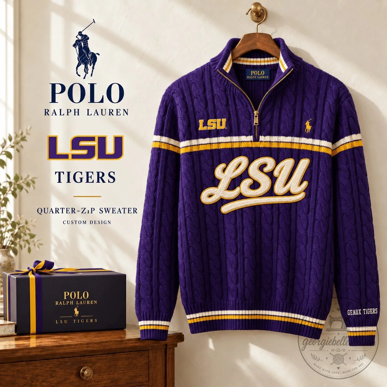 LSU Tigers Polo Ralph Lauren Cable-Knit Quarter-Zip Sweater 1 LSU Tigers Polo Ralph Lauren Cable-Knit Quarter-Zip Sweater