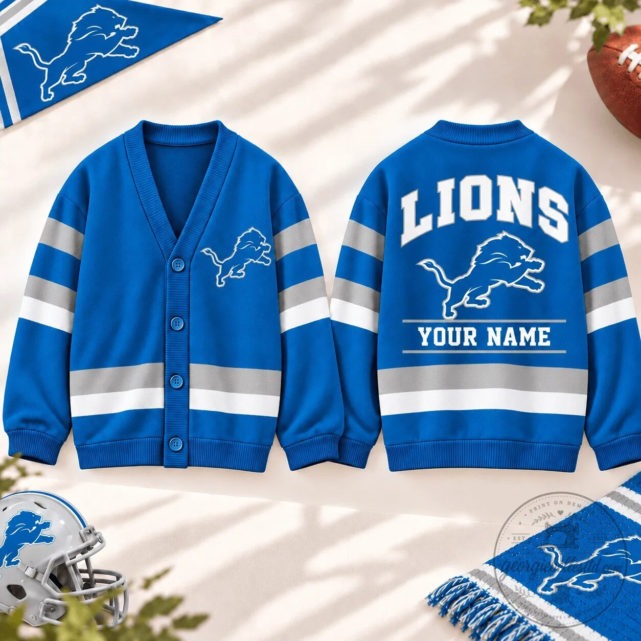Detroit Lions Personalized Blue and Gray Striped Cardigan Sweater 1 Detroit Lions Personalized Blue and Gray Striped Cardigan Sweater