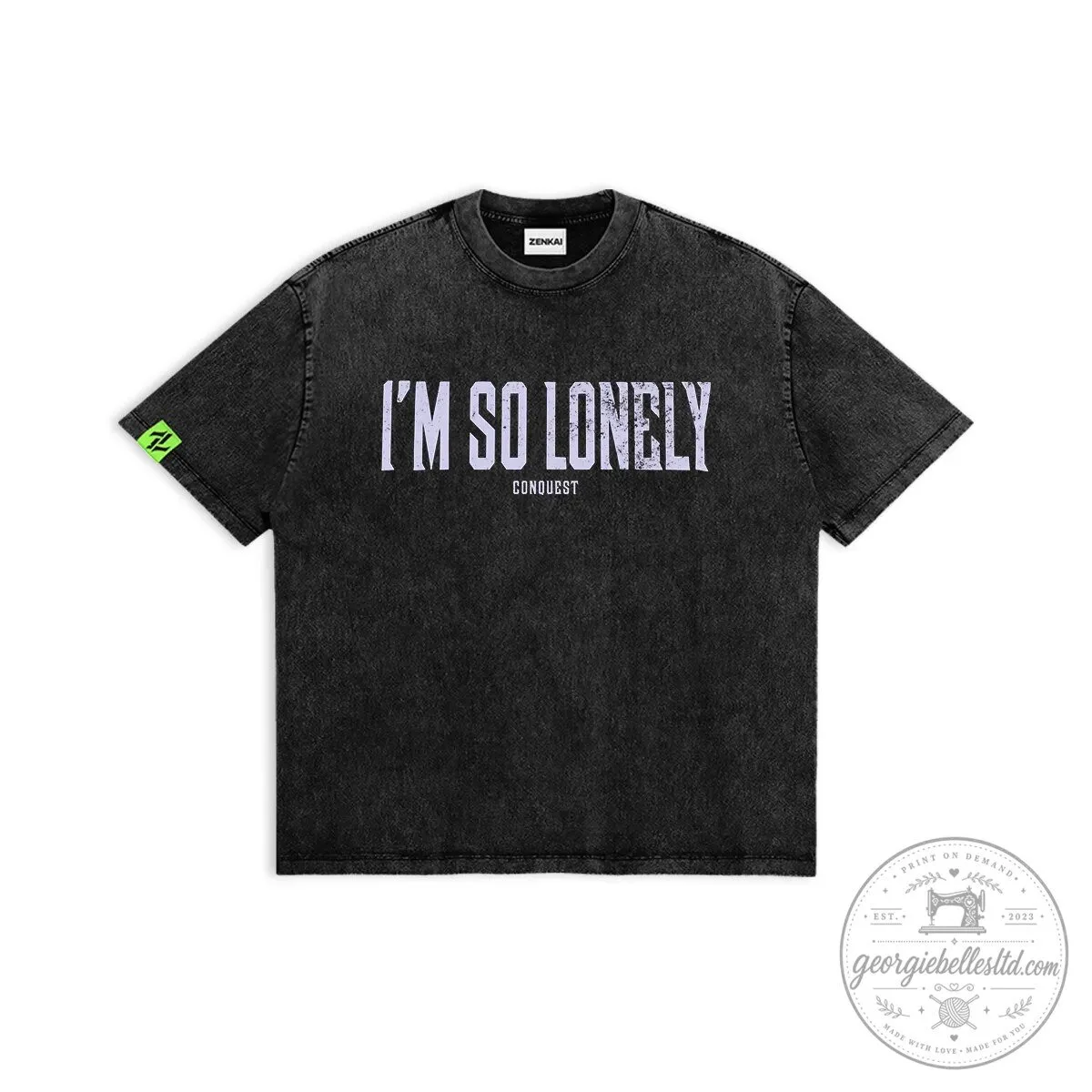 I'm So Lonely Conquest Washed Black Cotton Short Sleeve Graphic T-Shirt