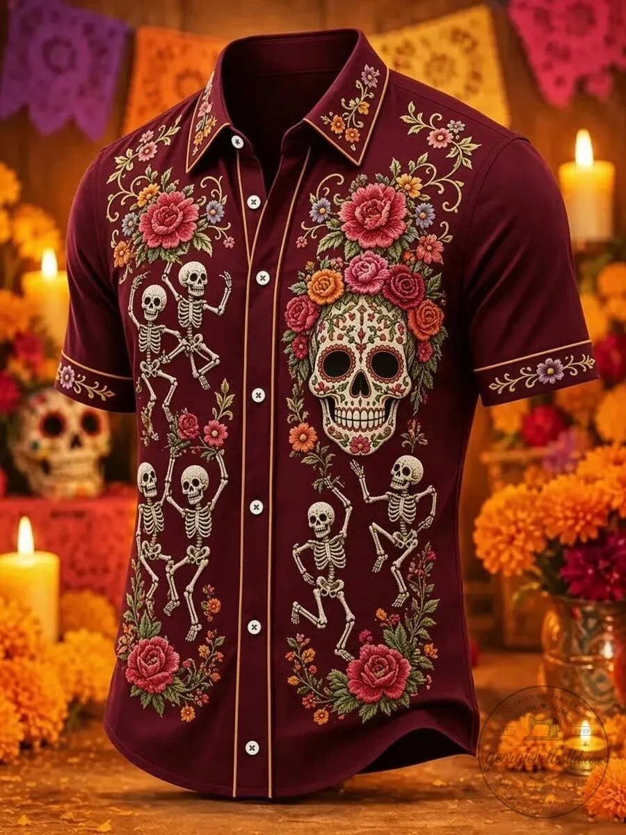 Day of the Dead Floral Sugar Skull Dancing Skeleton Maroon Hawaiian Shirt 1 Day of the Dead Floral Sugar Skull Dancing Skeleton Maroon Hawaiian Shirt