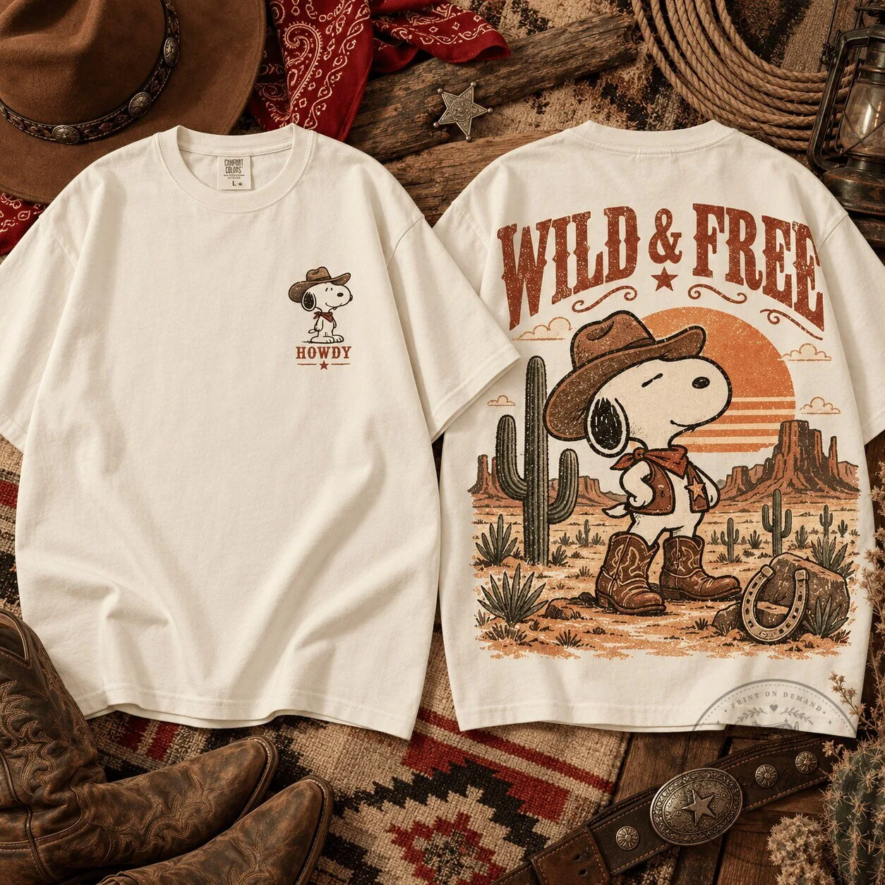 Snoopy Wild and Free Western Howdy Peanuts Cartoon Character T-Shirt