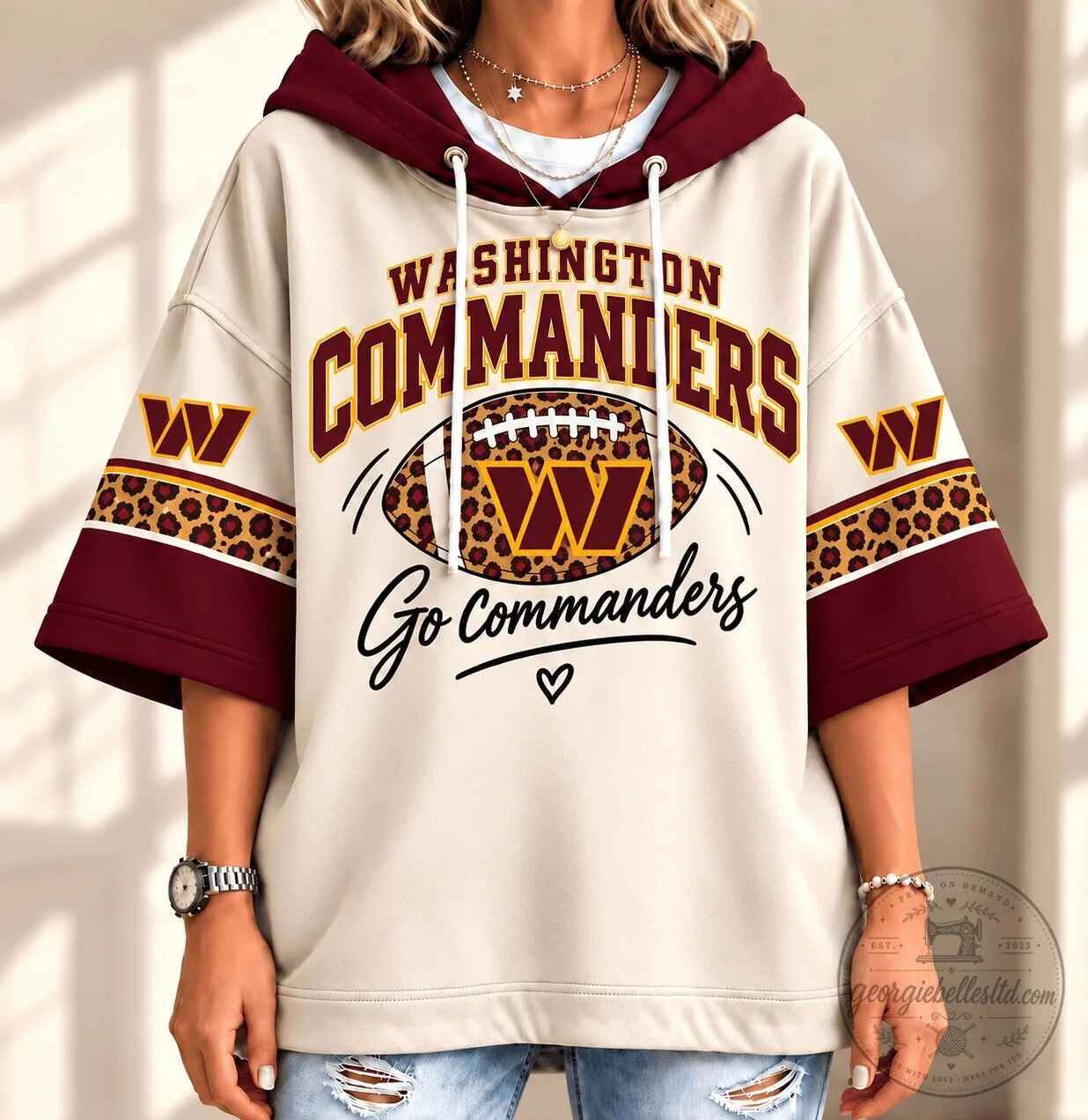 Washington Commanders Football Leopard Print Short Sleeve Hoodie