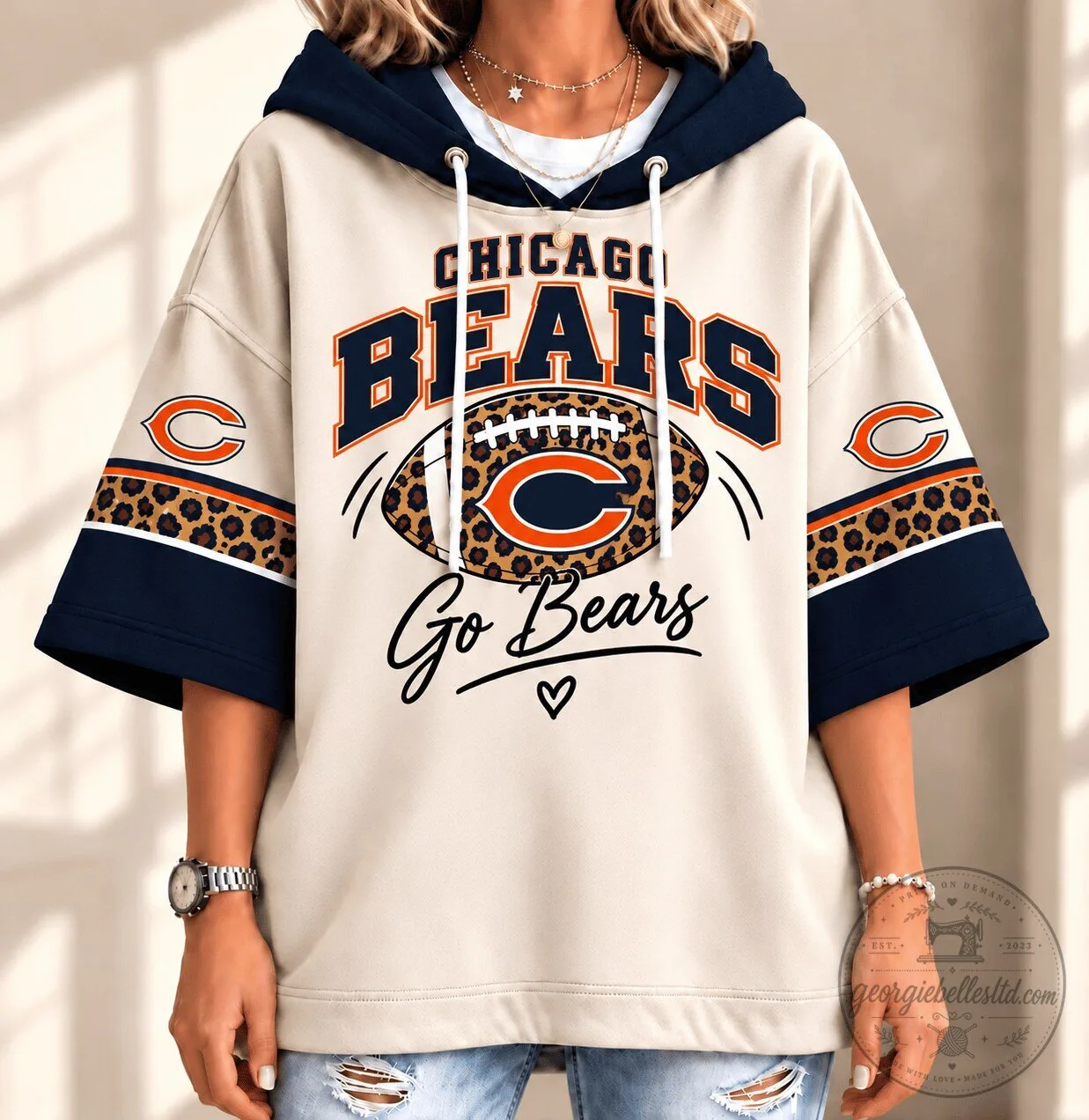Chicago Bears Leopard Print Football Team Fan Oversized Short Sleeve Hoodie