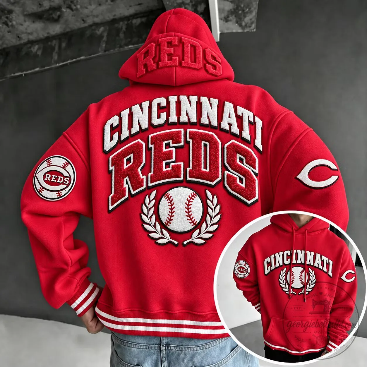 Oversized Red Hoodie featuring the Cincinnati Reds Baseball Team Logo