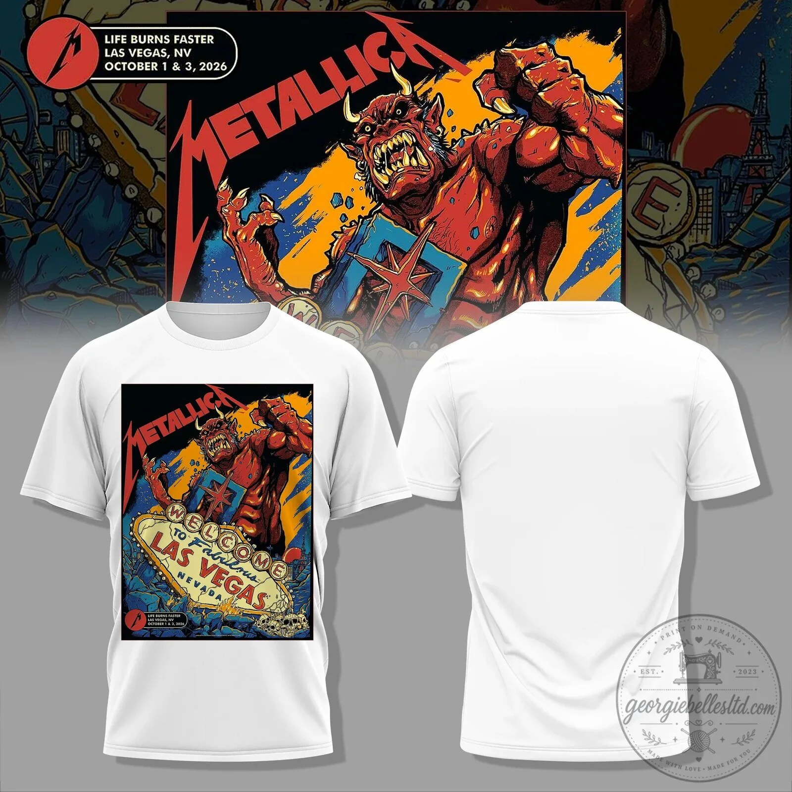 Metallica Life Burns Faster Las Vegas Nevada M72 World Tour Graphic T-Shirt