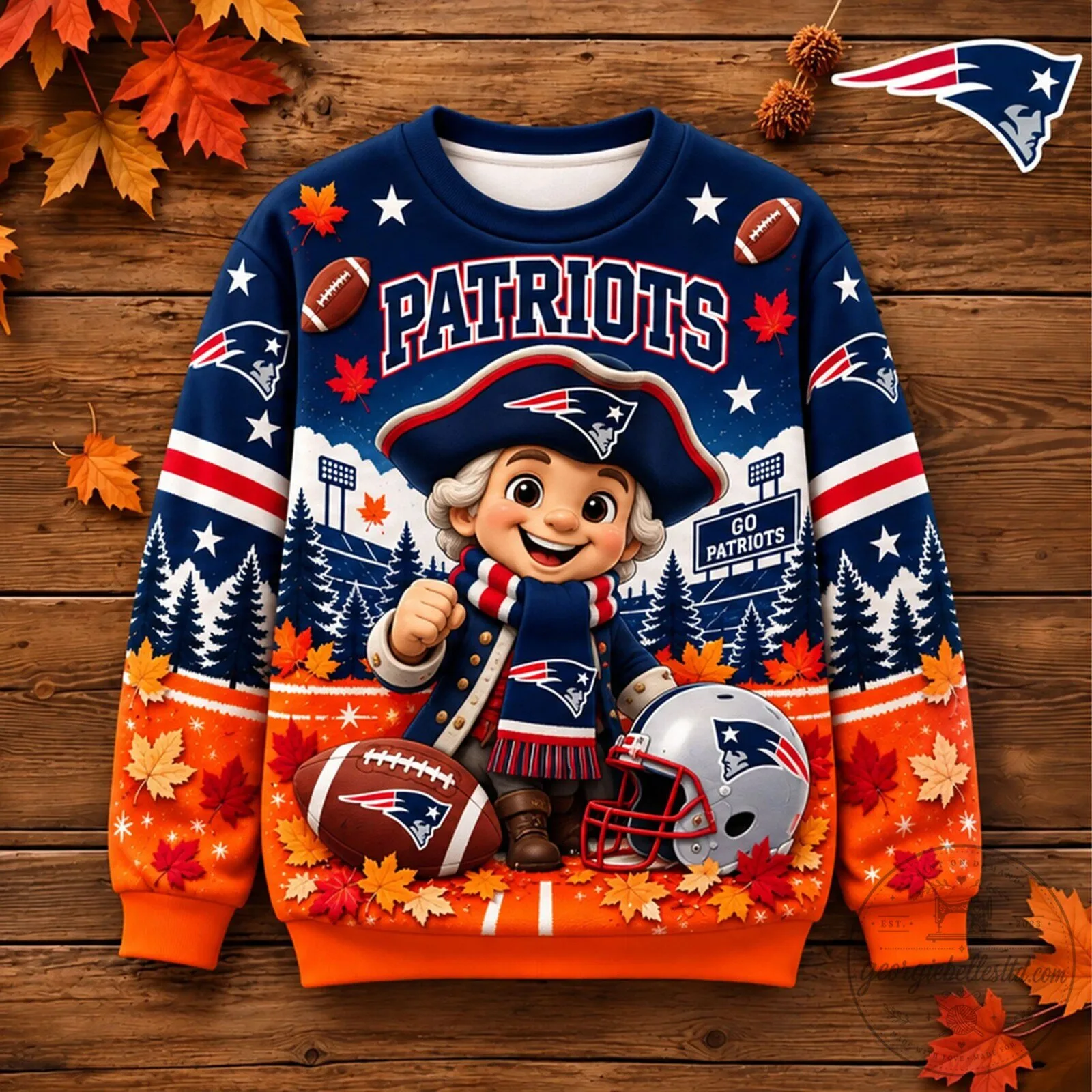 New England Patriots Football Mascot Autumn Leaves Crewneck Sweatshirt 1 New England Patriots Football Mascot Autumn Leaves Crewneck Sweatshirt