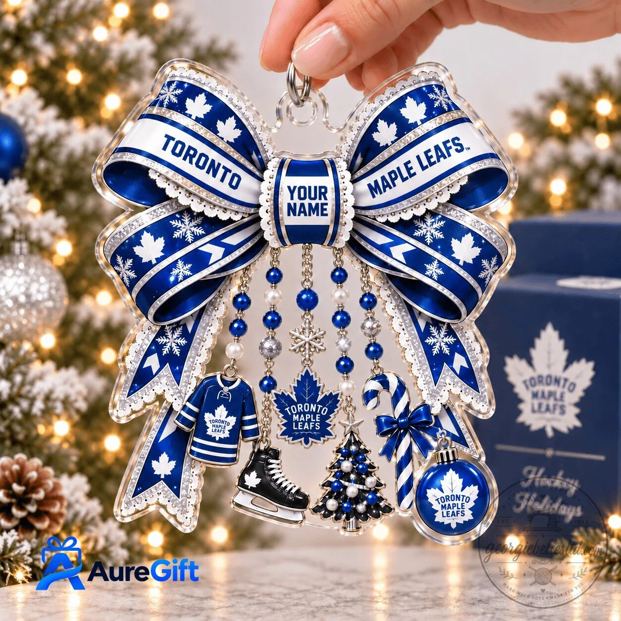 Toronto Maple Leafs National Hockey League Christmas Bow Personalized Ornament