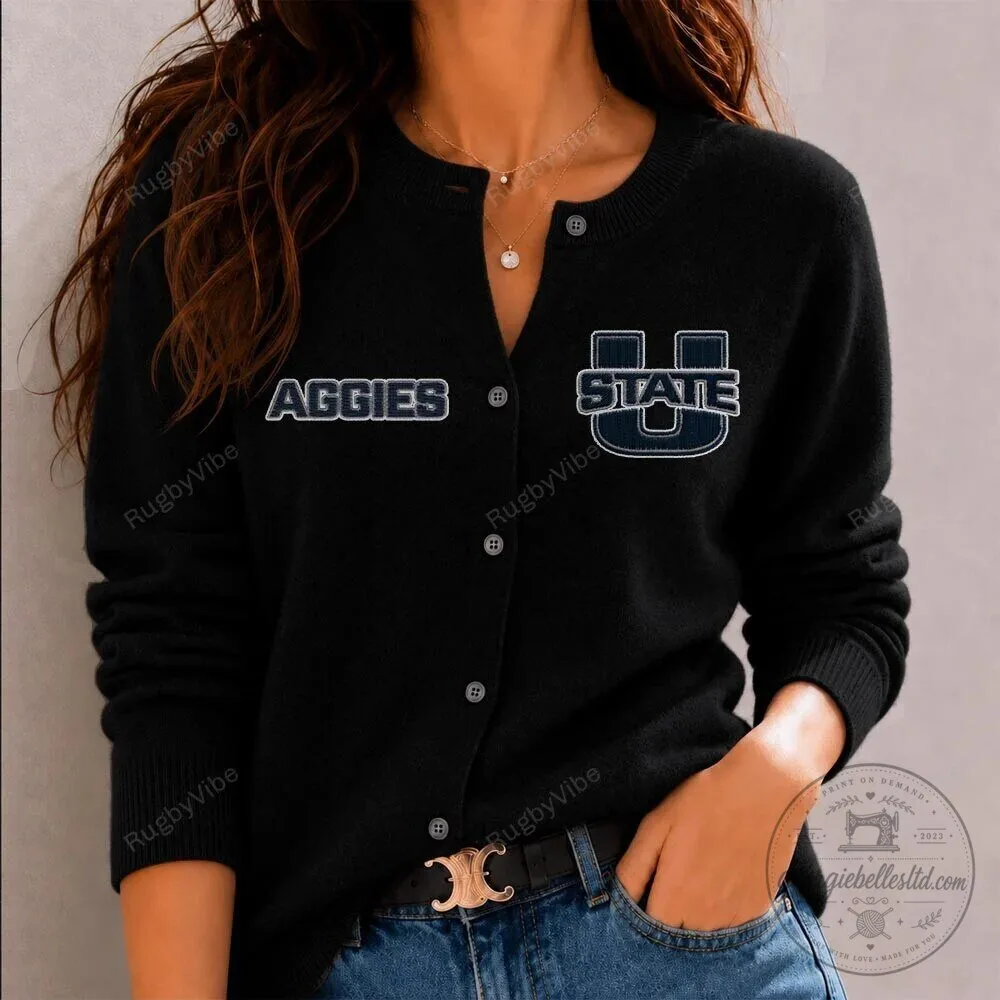 Utah State Aggies Embroidered Black Cardigan Sweater 1 Utah State Aggies Embroidered Black Cardigan Sweater