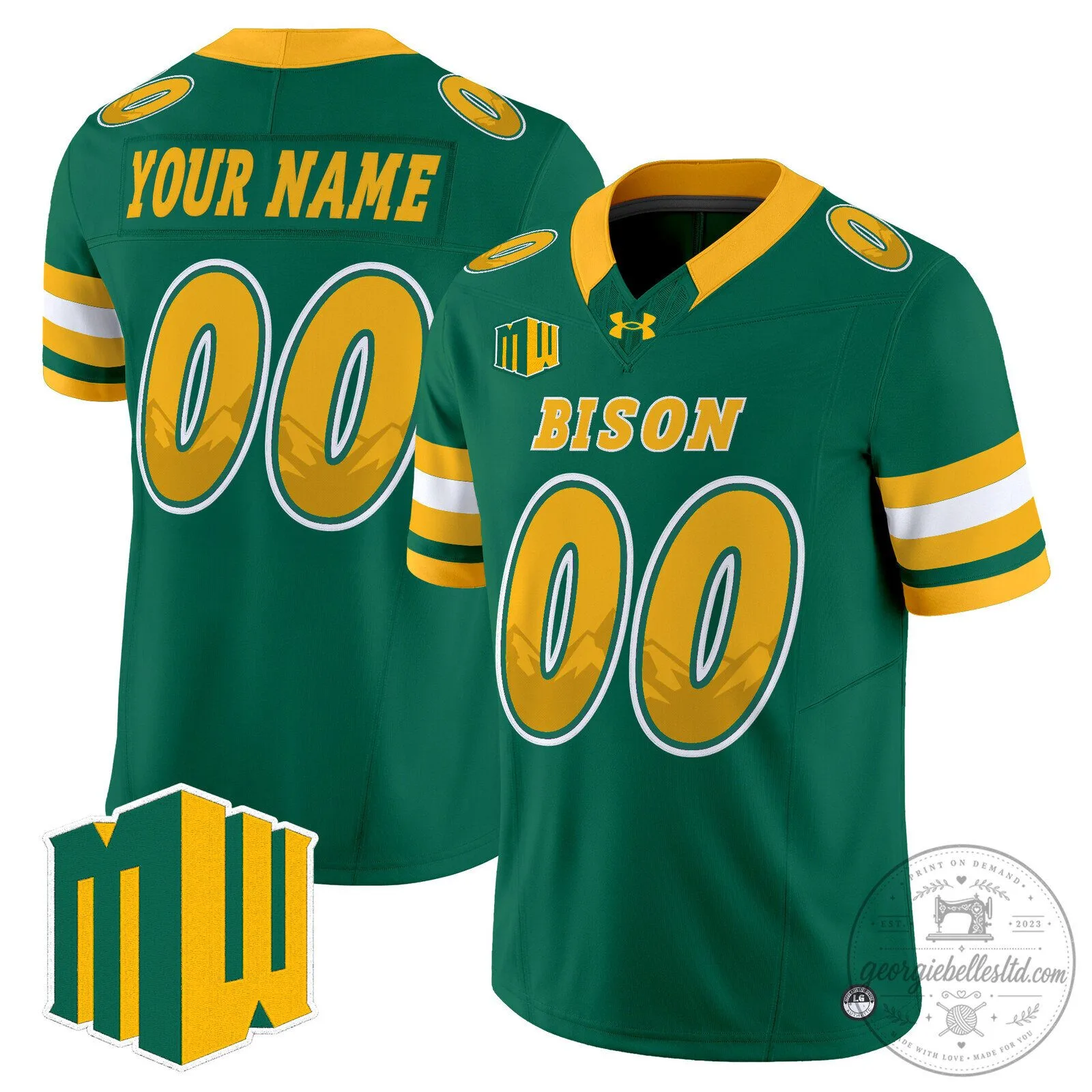 Custom Football Jersey in Green and Gold for North Dakota State Bison