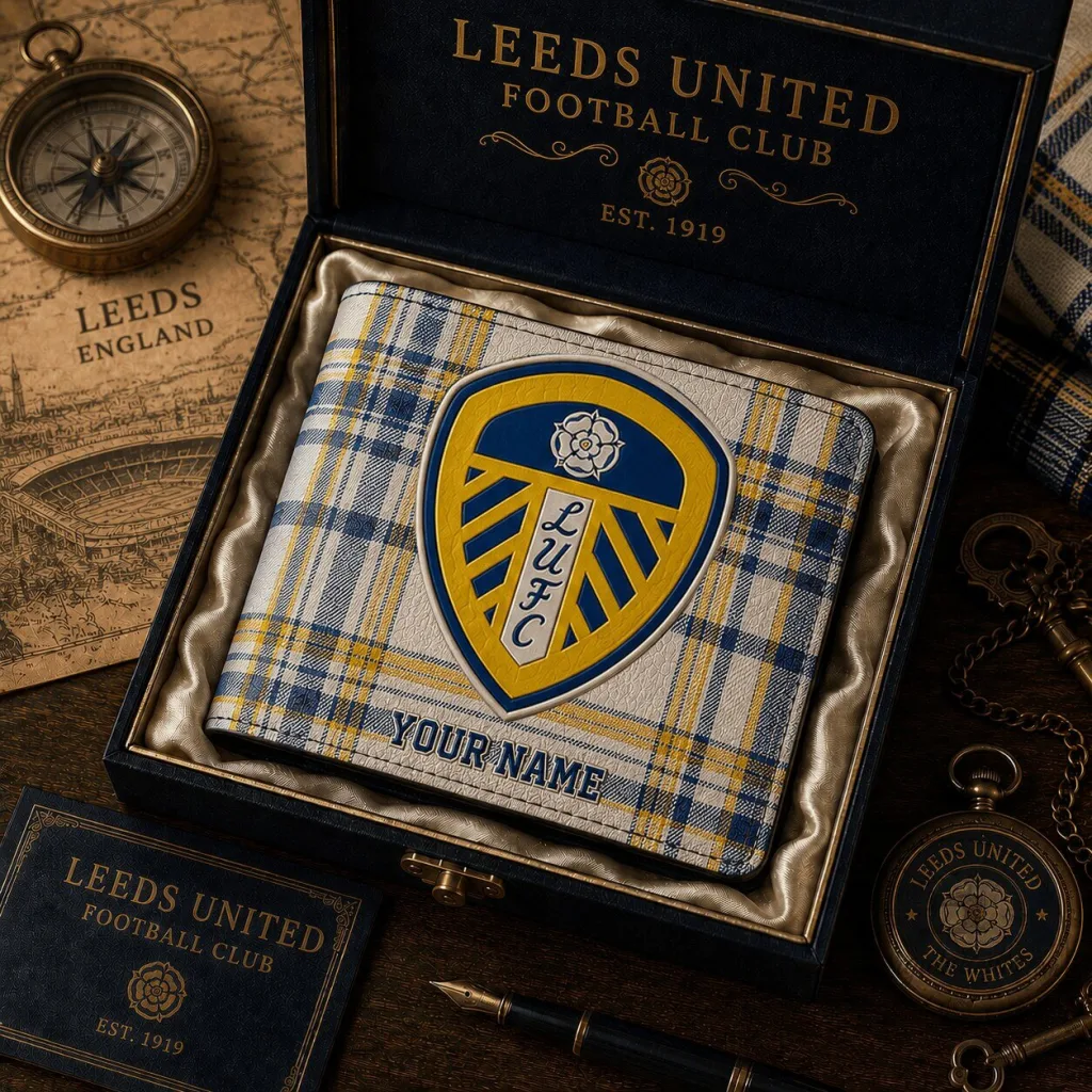 Leeds United Football Club Plaid Bi-Fold Wallet with Custom Name Leeds United Football Club Plaid Bi-Fold Wallet with Custom Name