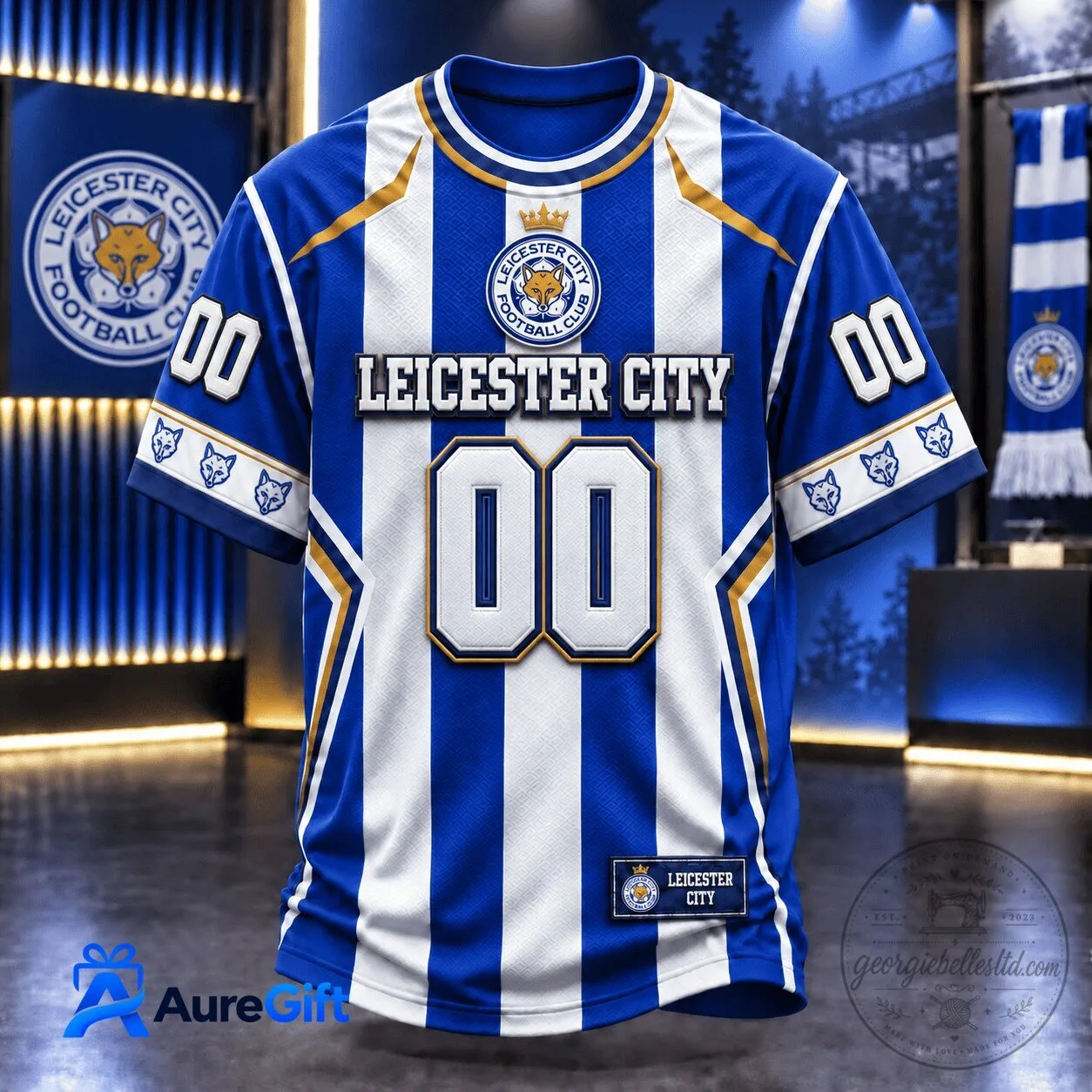 Leicester City Football Club Blue and White Striped Personalized Soccer Jersey
