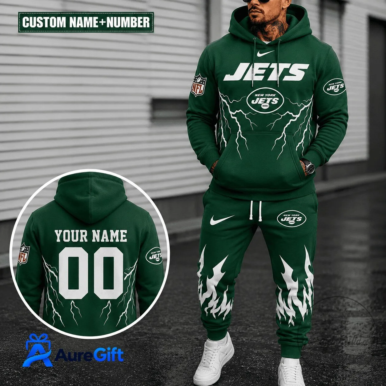 New York Jets American Football Team Lightning Design Hoodie and Sweatpants Set