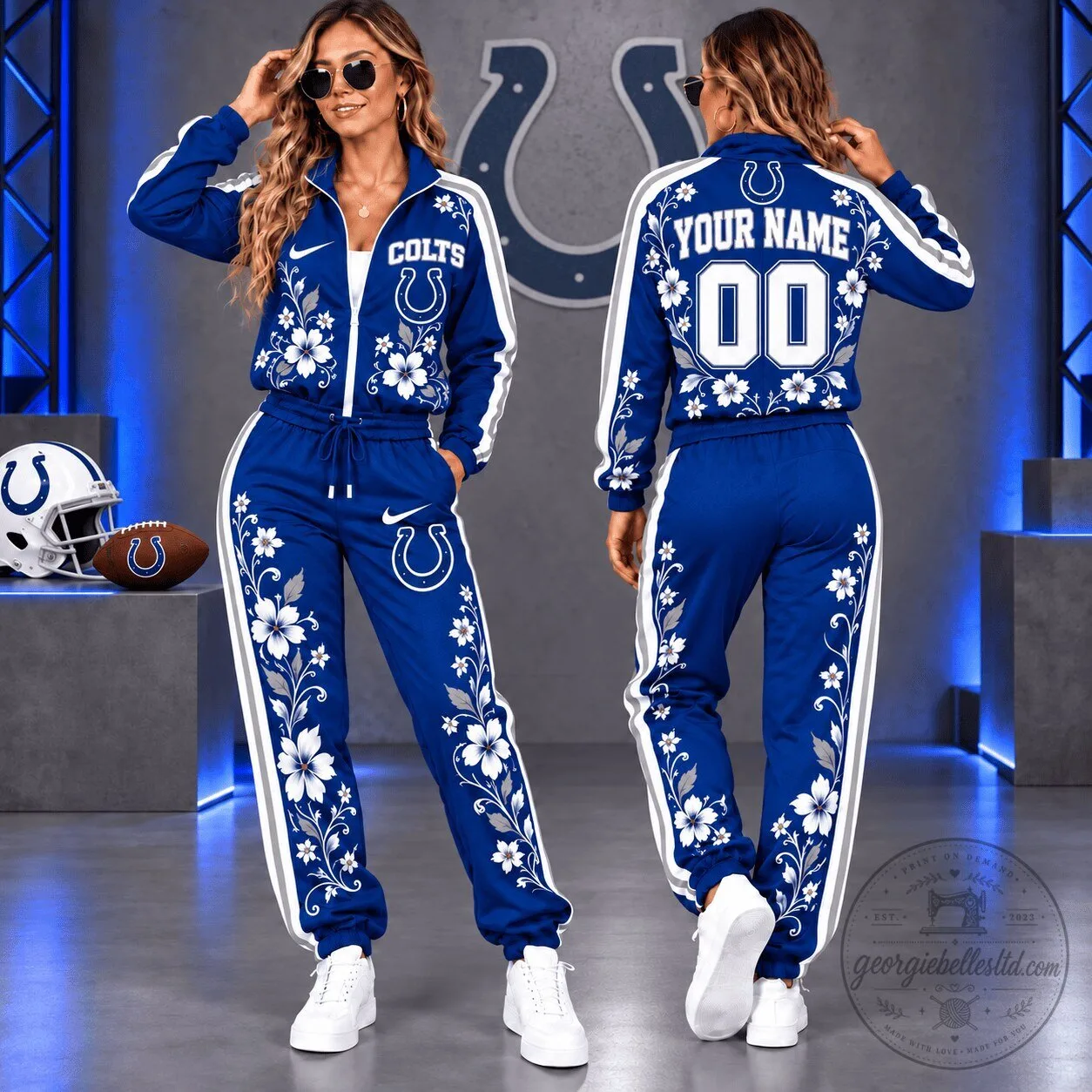 Indianapolis Colts Custom Name And Number Floral Design Tracksuit For Women